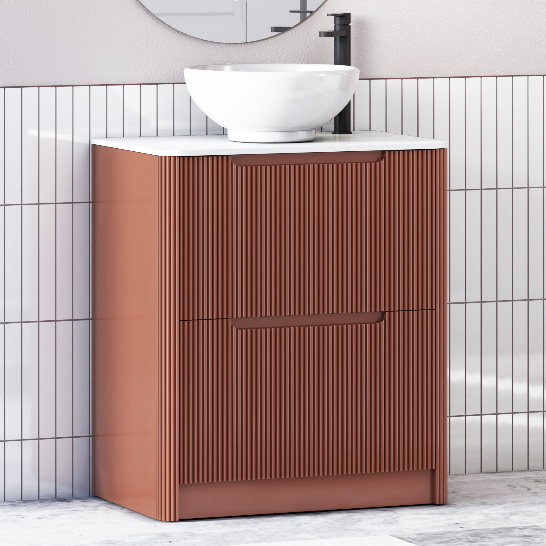 Avenza Terracotta Clay Floor Standing Vanity Unit 2 Drawer with Plain White Worktop & Multiple Basins
