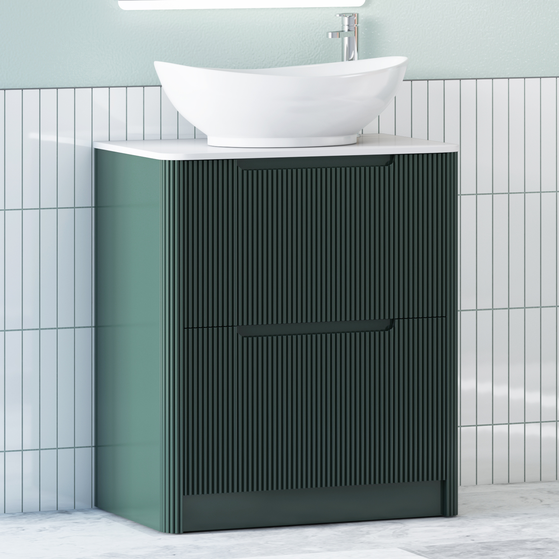 Avenza Deep Moss Green Floor Standing Vanity Unit 2 Drawer with Plain White Worktop & Multiple Basins