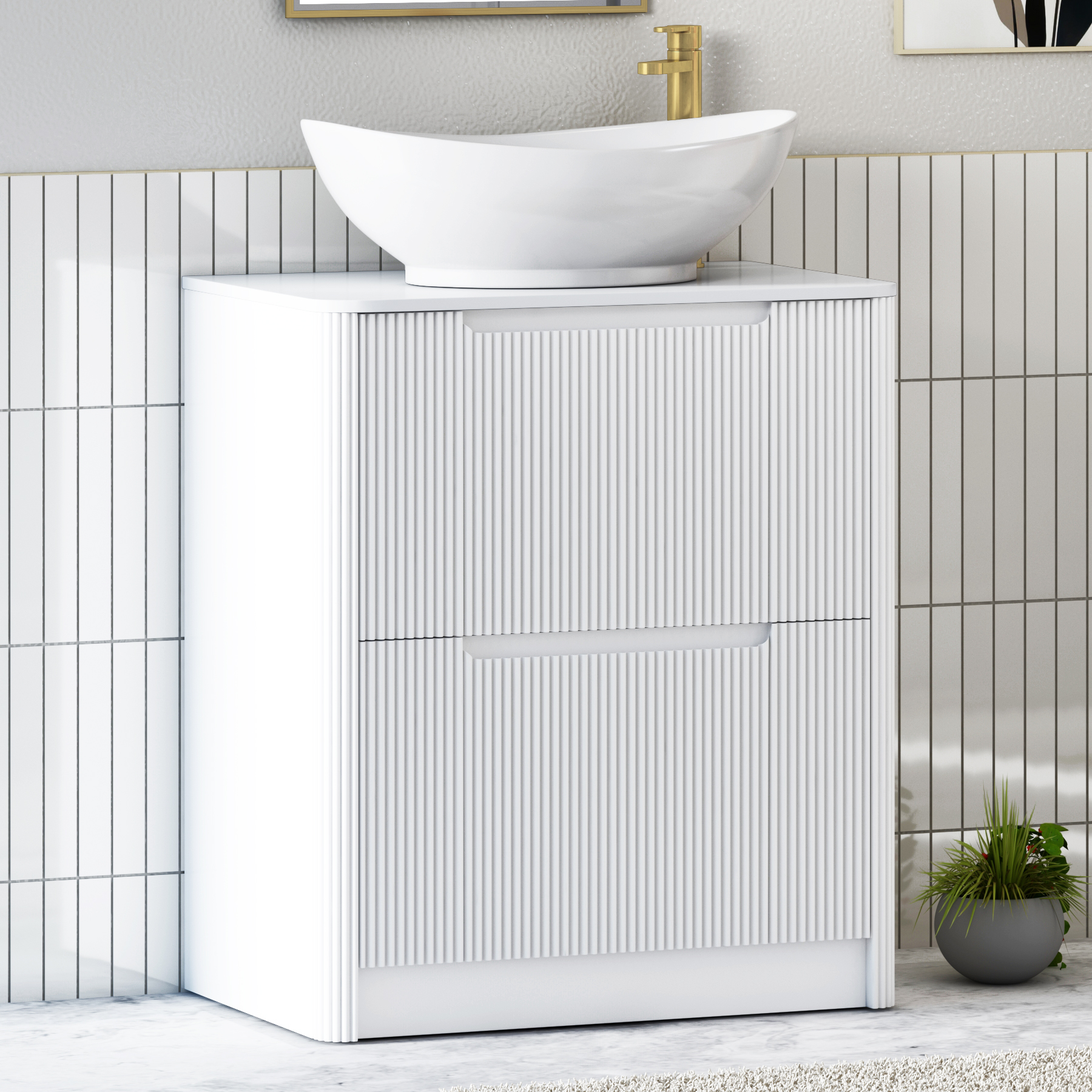 Avenza Matt White Floor Standing Vanity Unit 2 Drawer with Plain White Worktop & Multiple Basins