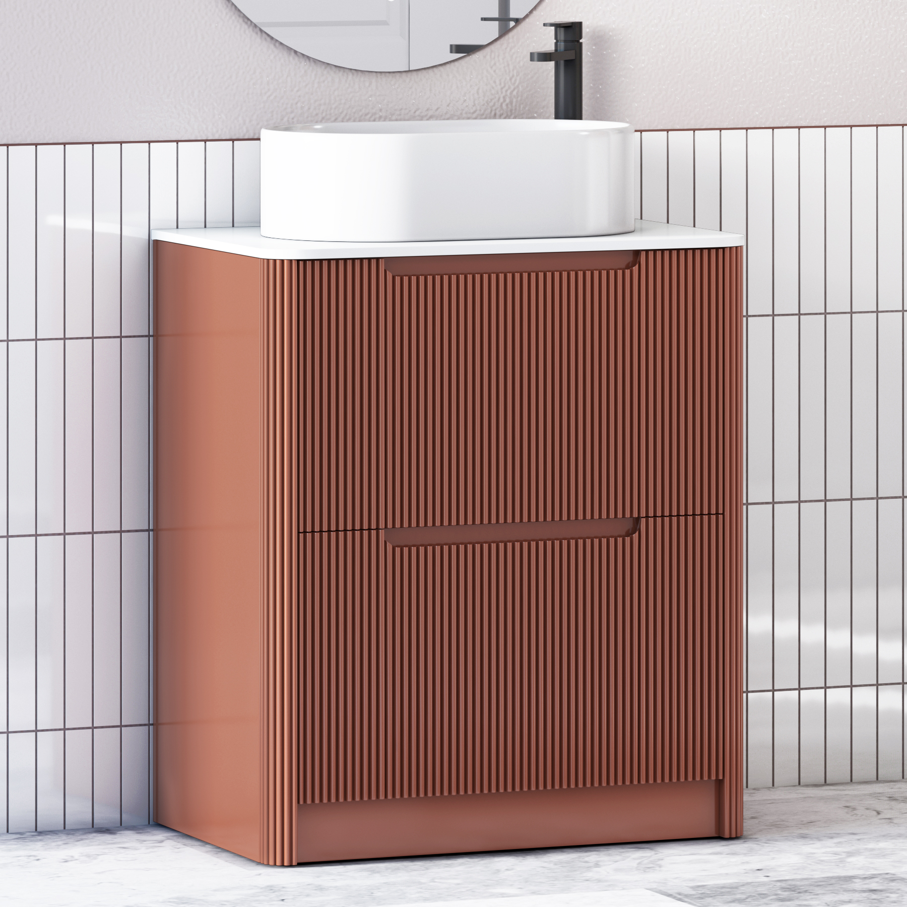 Avenza Terracotta Clay Floor Standing Vanity Unit 2 Drawer with Plain White Worktop & Multiple Basins