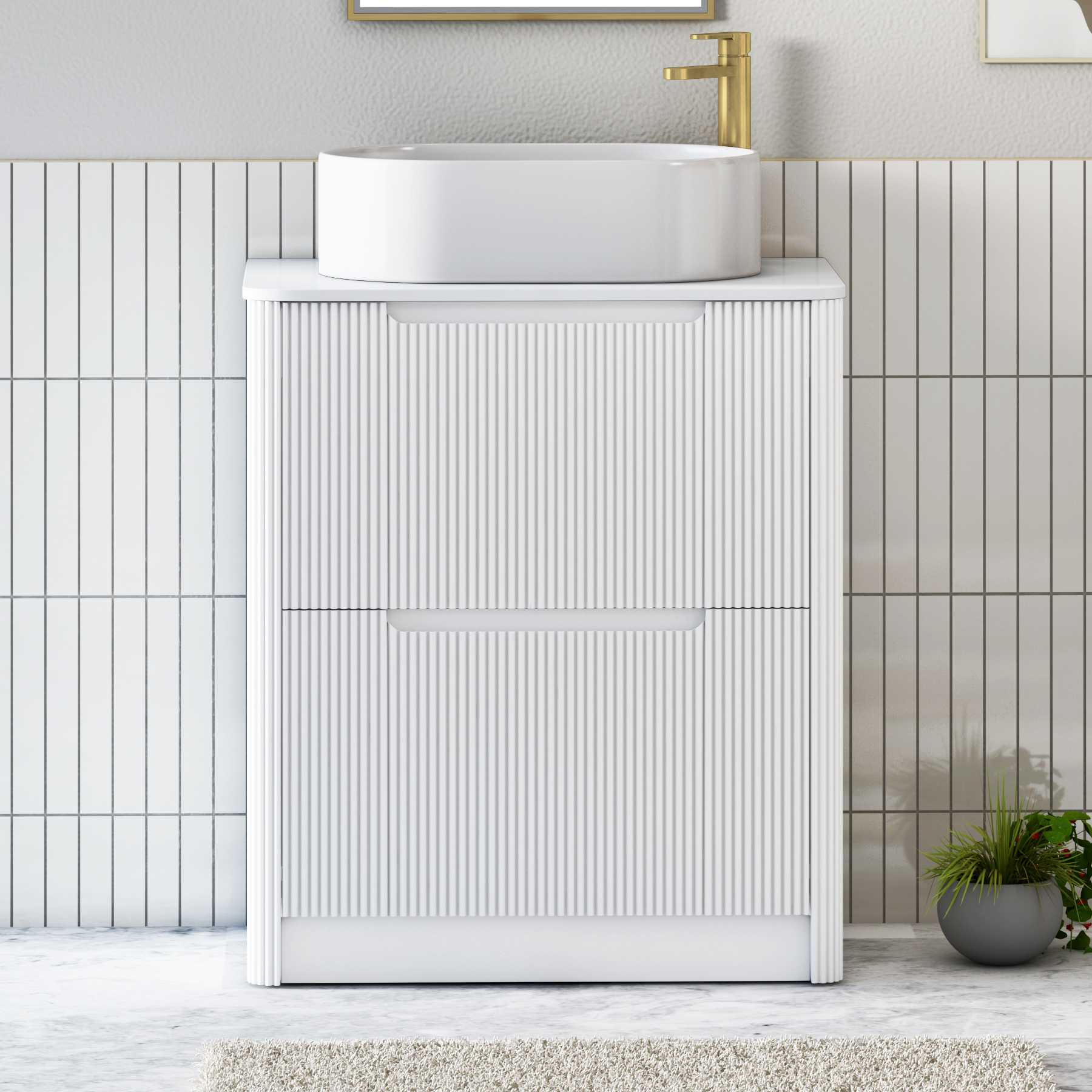 Avenza Matt White Floor Standing Vanity Unit 2 Drawer with Plain White Worktop & Multiple Basins