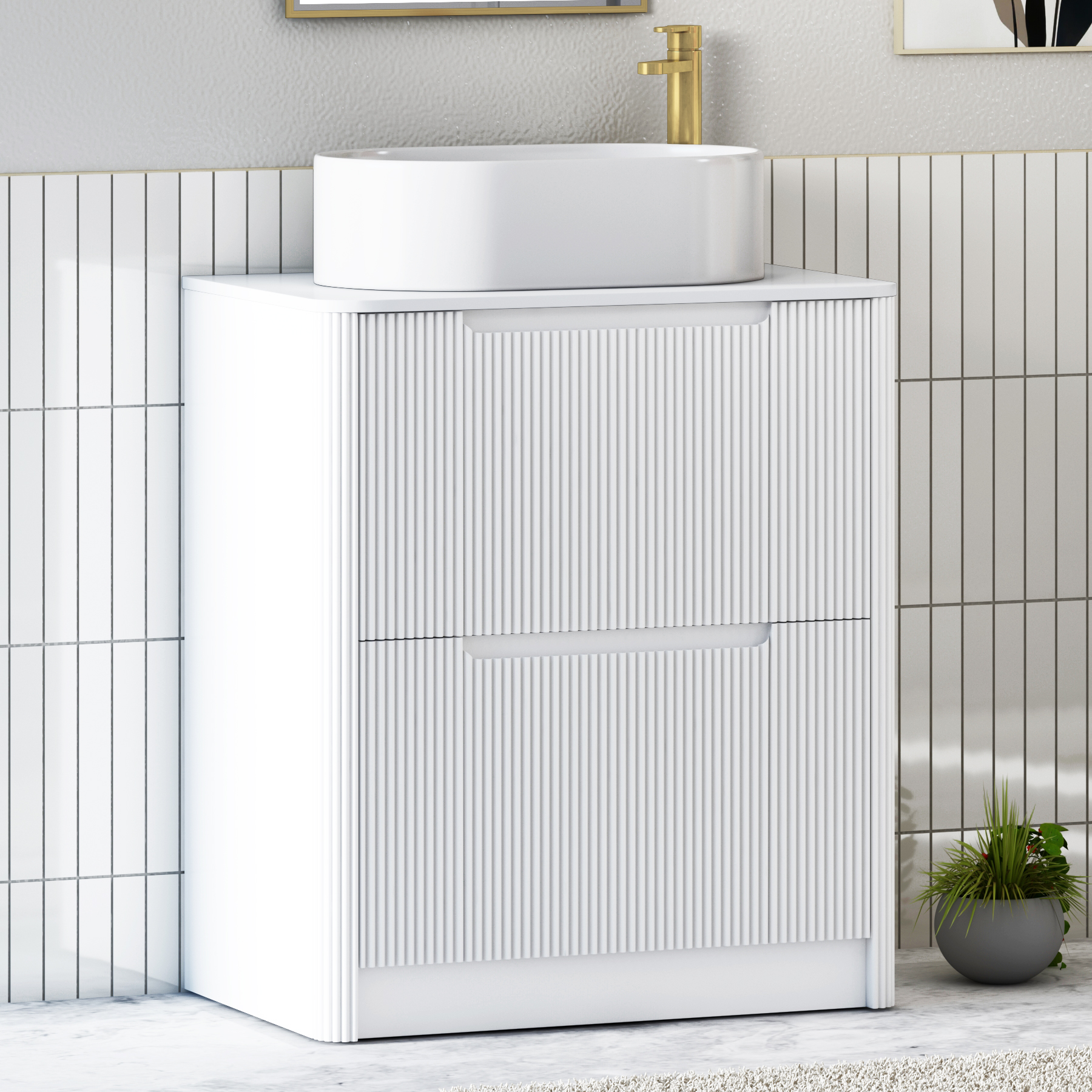 Avenza Matt White Floor Standing Vanity Unit 2 Drawer with Plain White Worktop & Multiple Basins