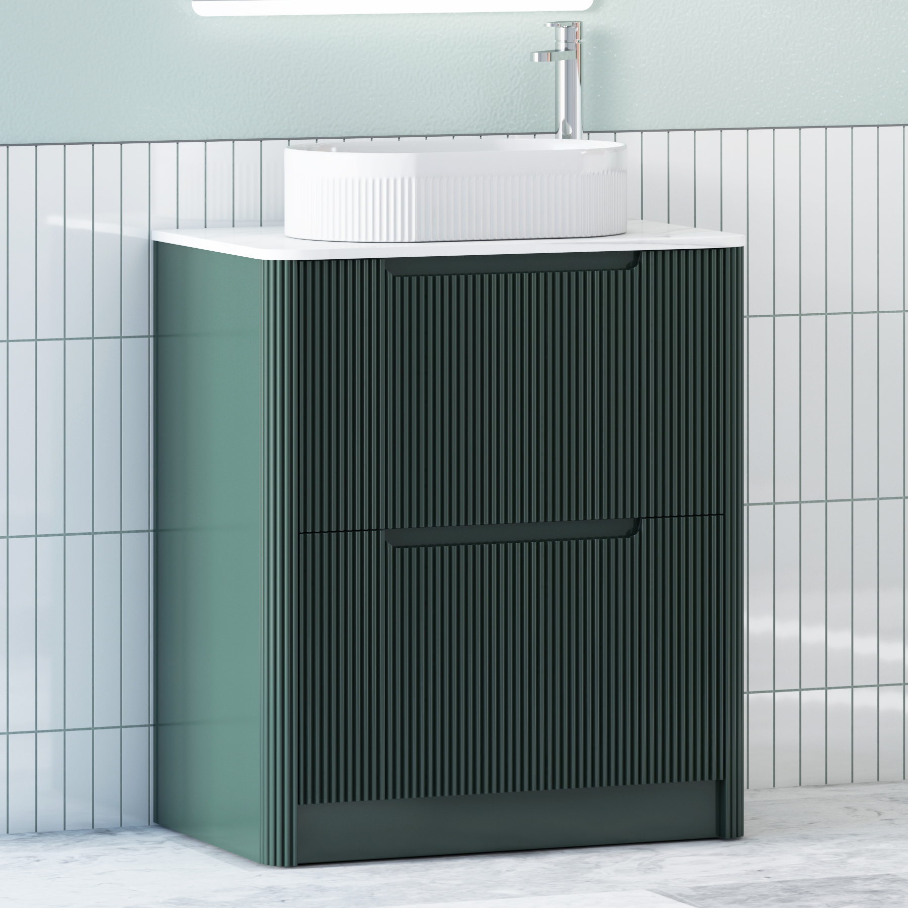 Avenza Deep Moss Green Floor Standing Vanity Unit 2 Drawer with Plain White Worktop & Multiple Basins