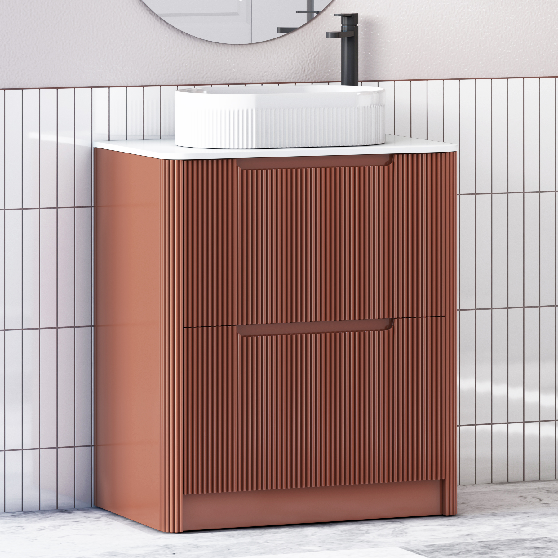Avenza Terracotta Clay Floor Standing Vanity Unit 2 Drawer with Plain White Worktop & Multiple Basins