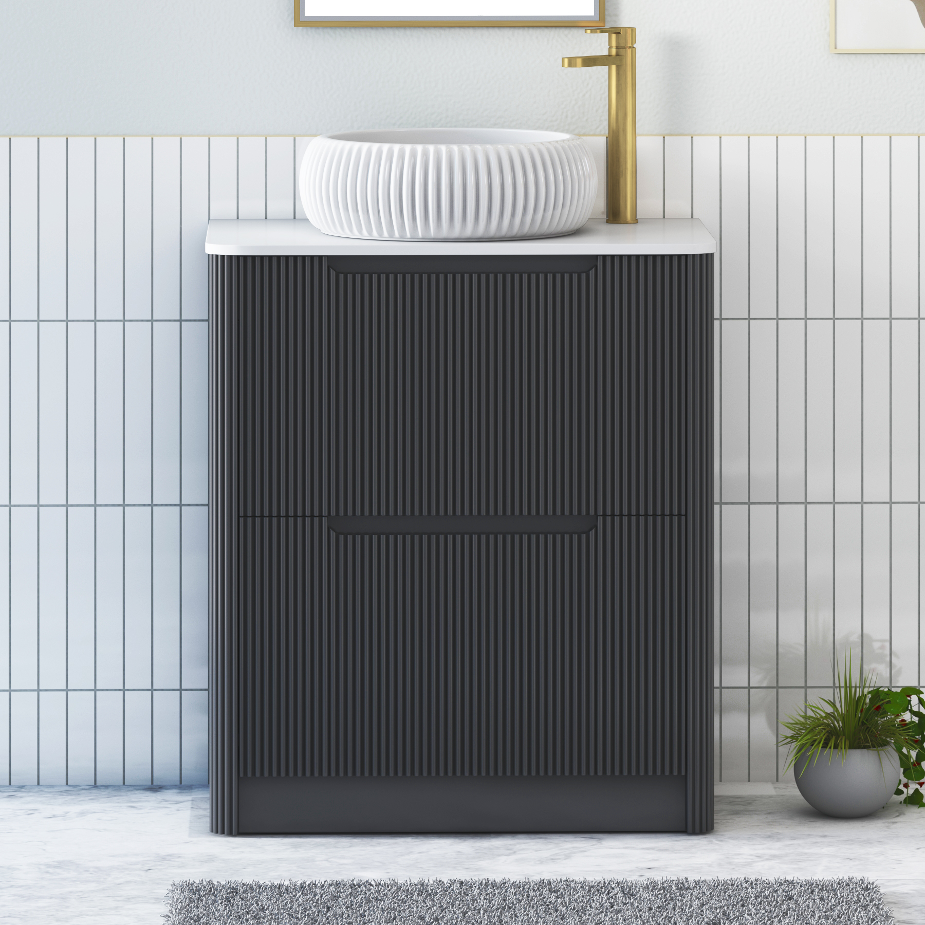 Avenza Matt Obsidian Black Floor Standing Vanity Unit 2 Drawer with Plain White Worktop & Multiple Basins