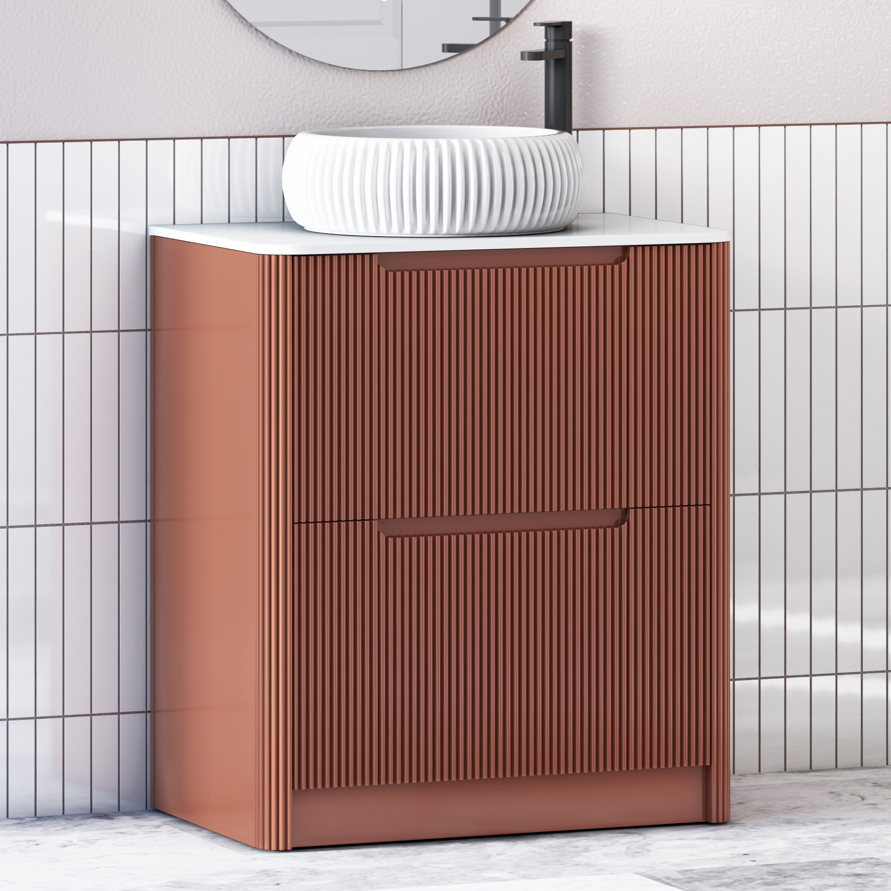 Avenza Terracotta Clay Floor Standing Vanity Unit 2 Drawer with Plain White Worktop & Multiple Basins