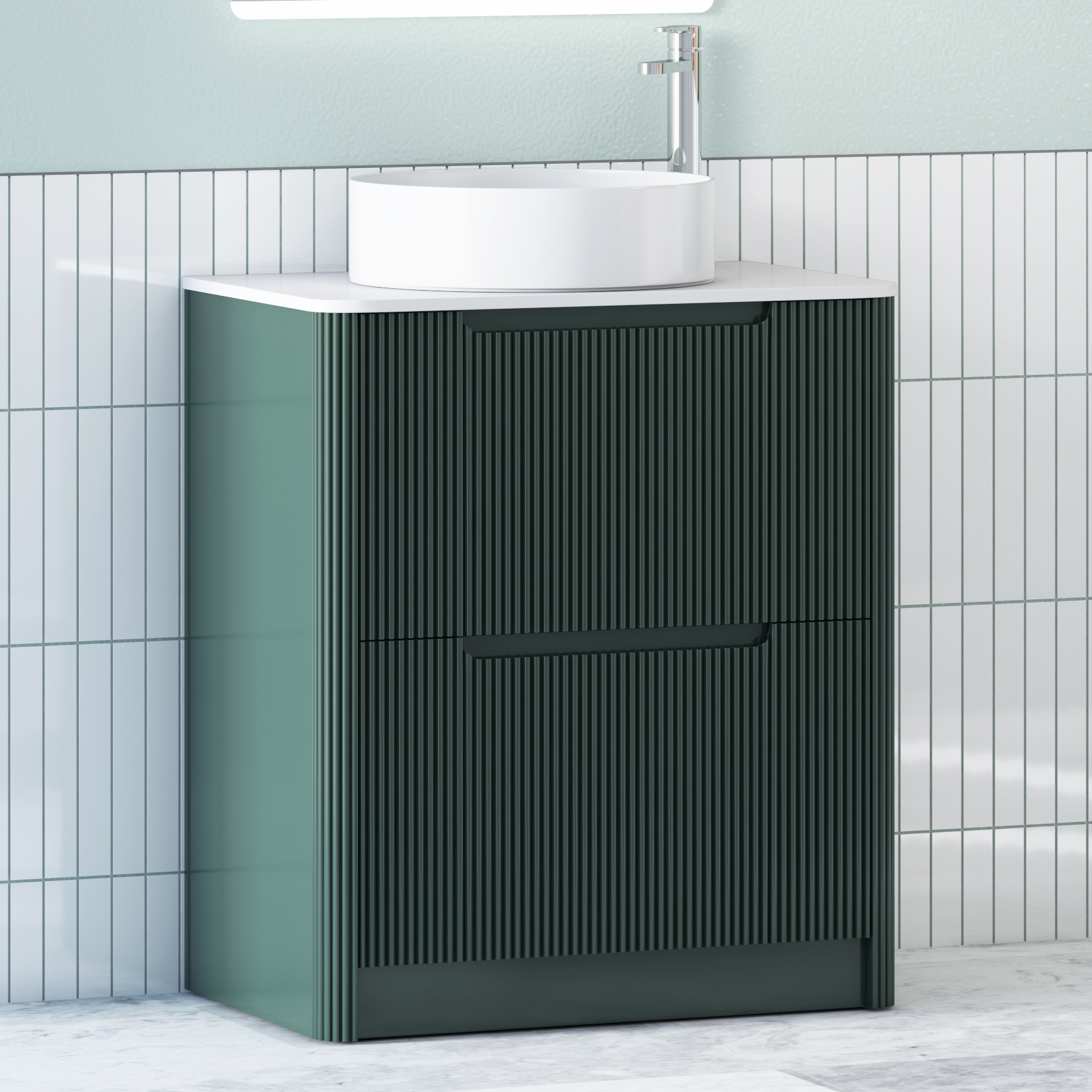Avenza Deep Moss Green Floor Standing Vanity Unit 2 Drawer with Plain White Worktop & Multiple Basins
