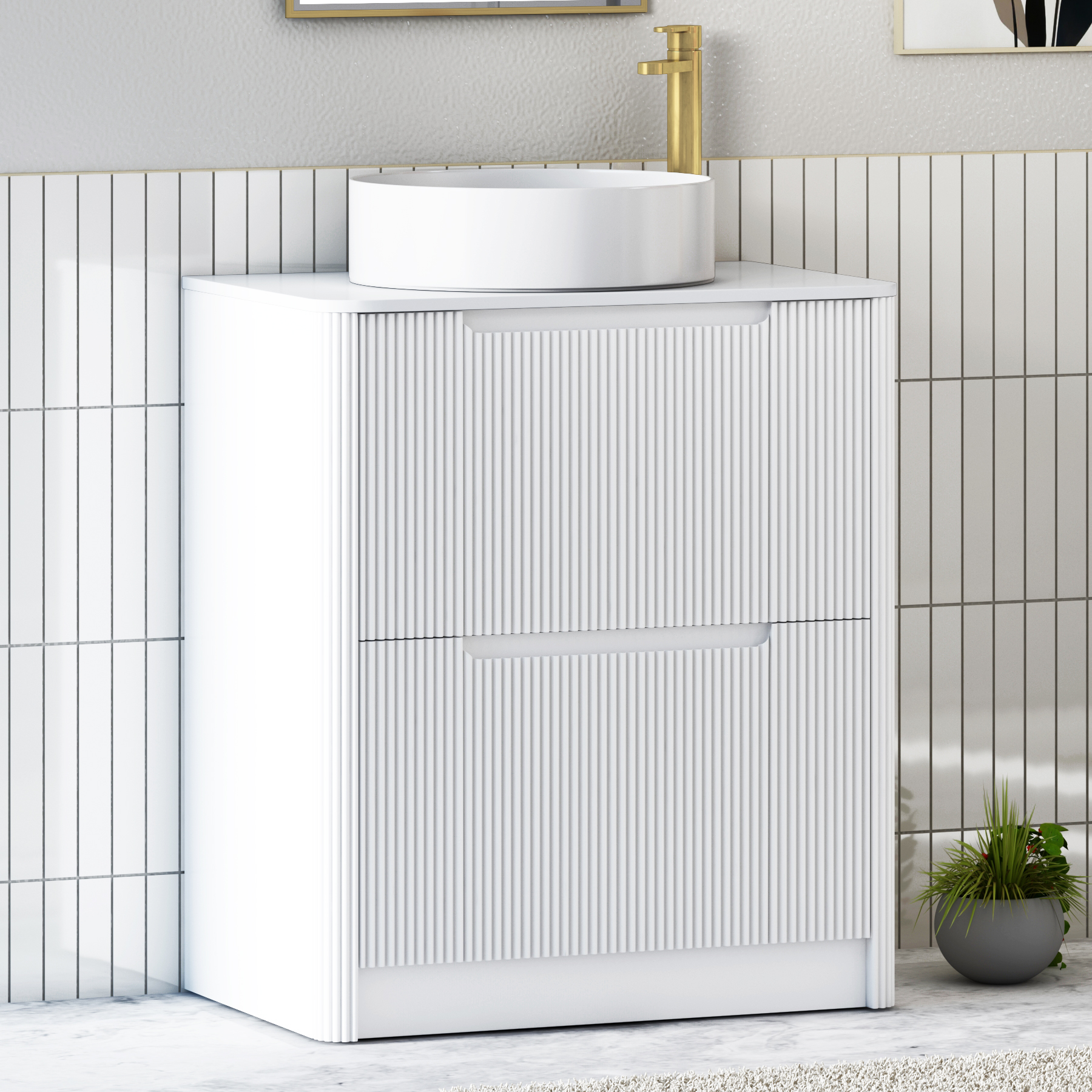 Avenza Matt White Floor Standing Vanity Unit 2 Drawer with Plain White Worktop & Multiple Basins
