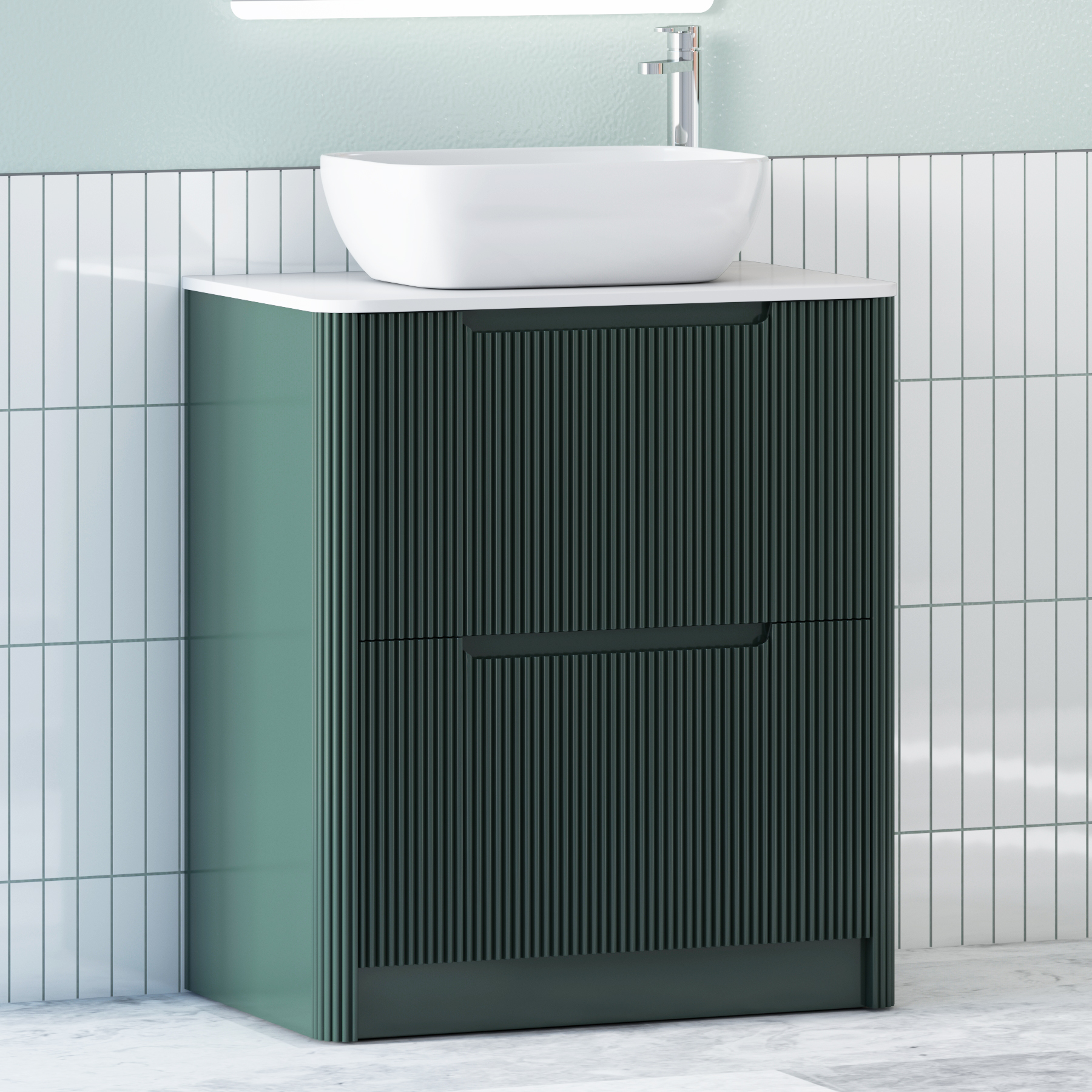 Avenza Deep Moss Green Floor Standing Vanity Unit 2 Drawer with Plain White Worktop & Multiple Basins