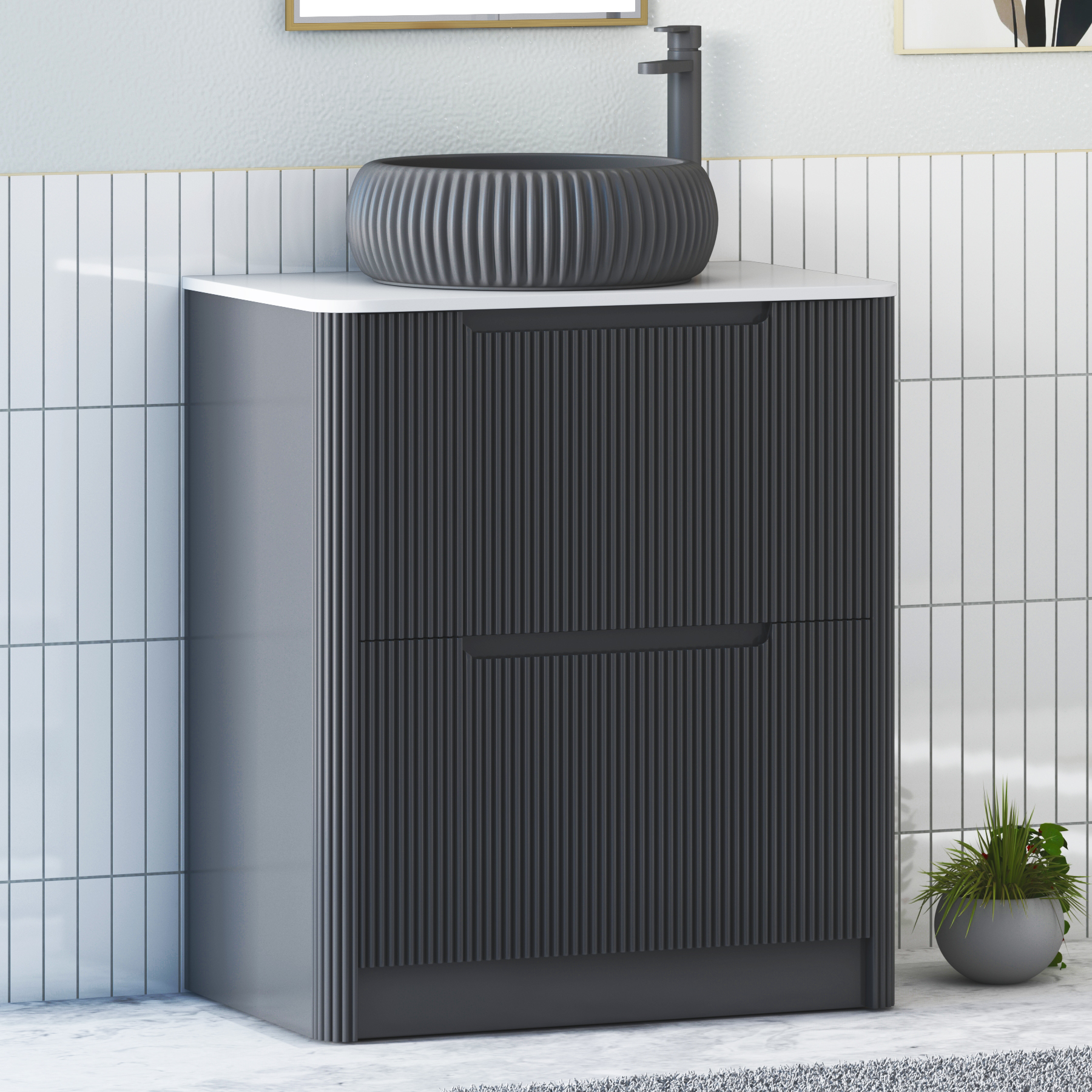 Avenza Matt Obsidian Black Floor Standing Vanity Unit 2 Drawer with Plain White Worktop & Multiple Basins