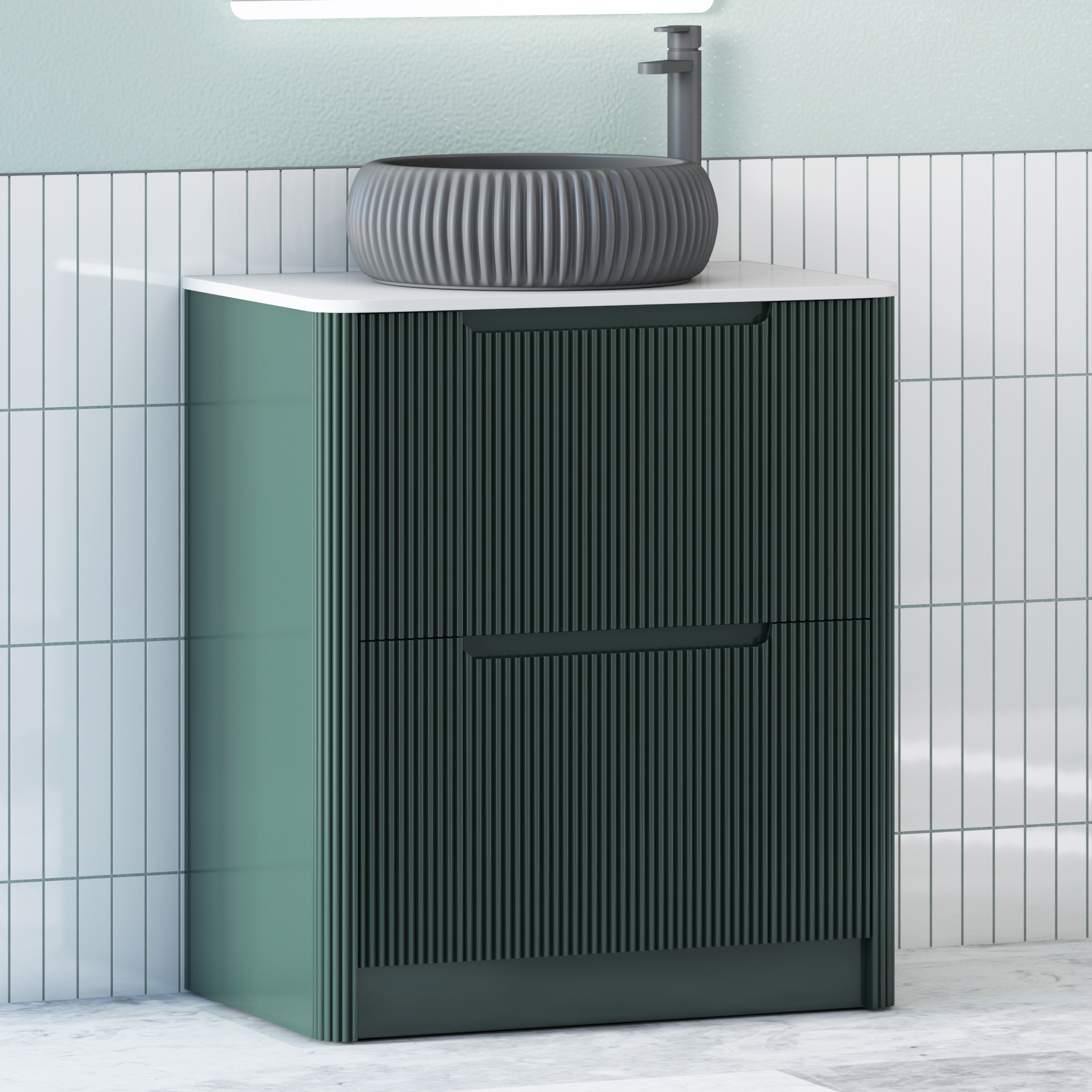 Avenza Deep Moss Green Floor Standing Vanity Unit 2 Drawer with Plain White Worktop & Multiple Basins