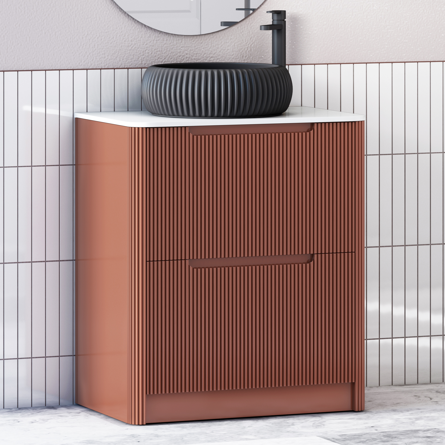 Avenza Terracotta Clay Floor Standing Vanity Unit 2 Drawer with Plain White Worktop & Multiple Basins