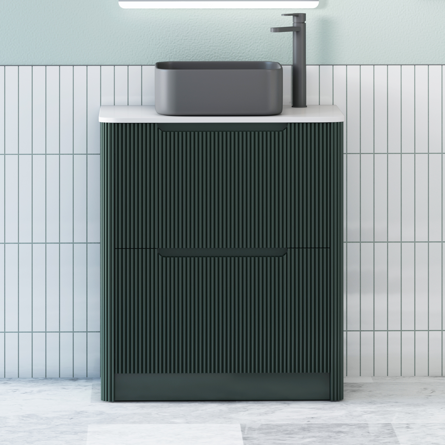 Avenza Deep Moss Green Floor Standing Vanity Unit 2 Drawer with Plain White Worktop & Multiple Basins