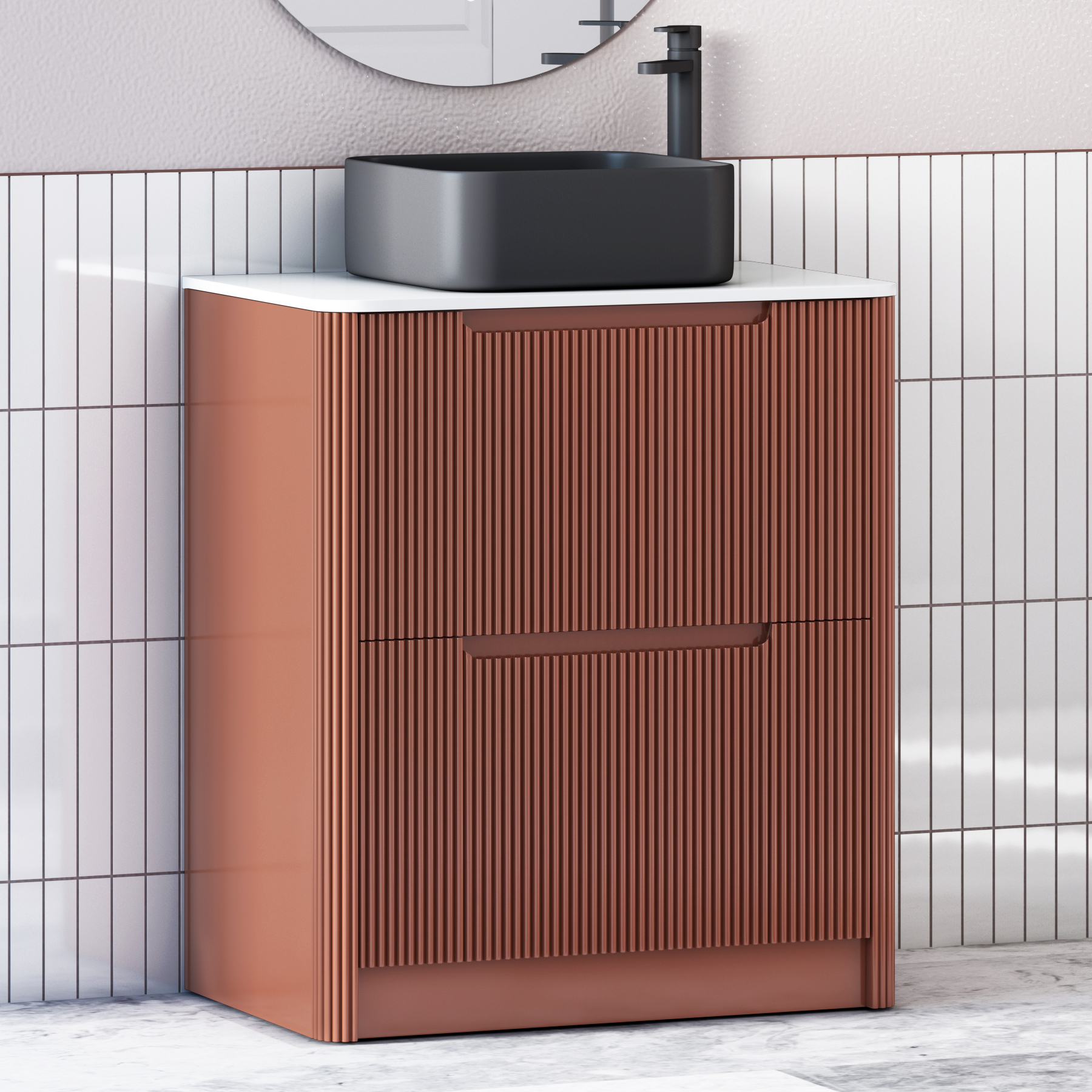 Avenza Terracotta Clay Floor Standing Vanity Unit 2 Drawer with Plain White Worktop & Multiple Basins