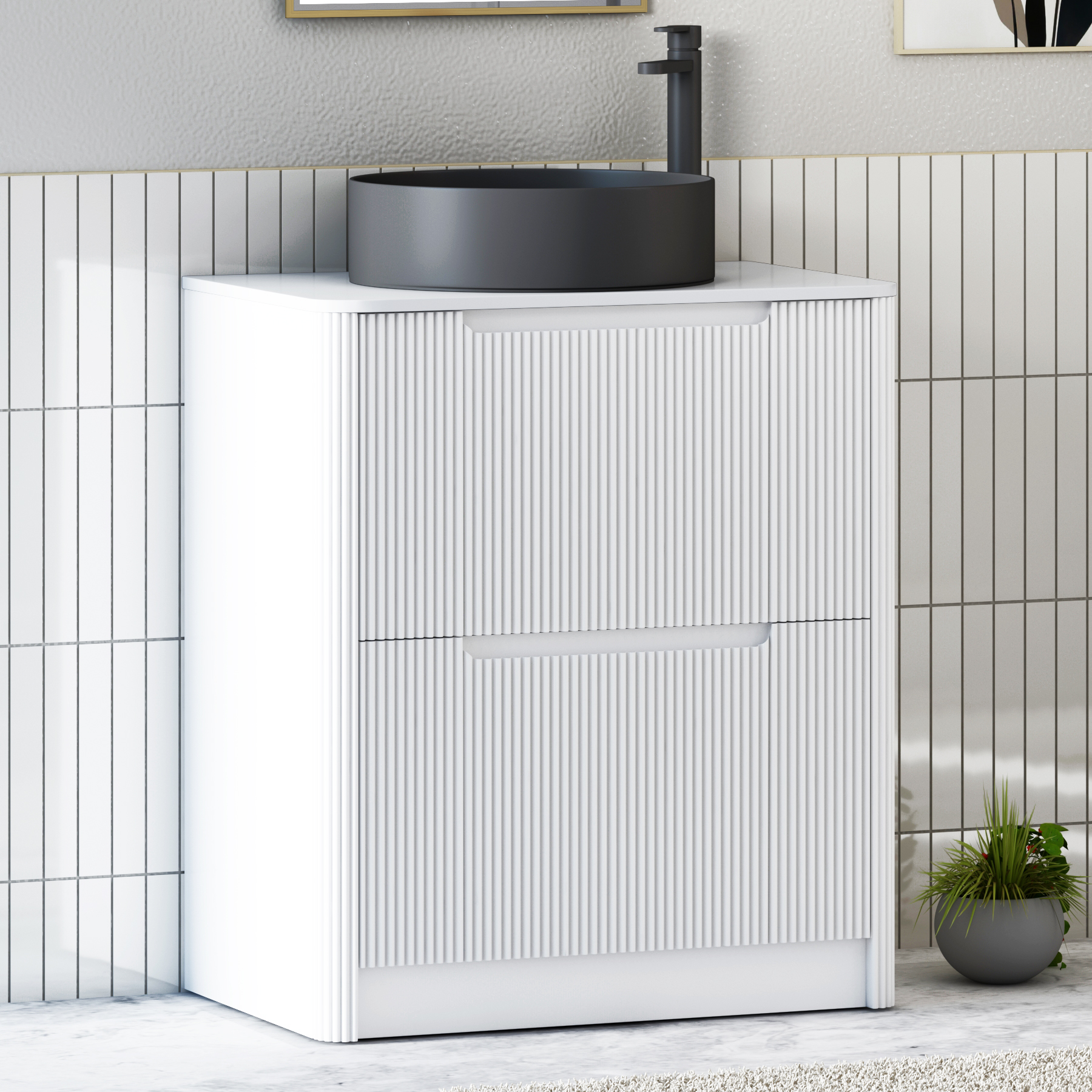 Avenza Matt White Floor Standing Vanity Unit 2 Drawer with Plain White Worktop & Multiple Basins