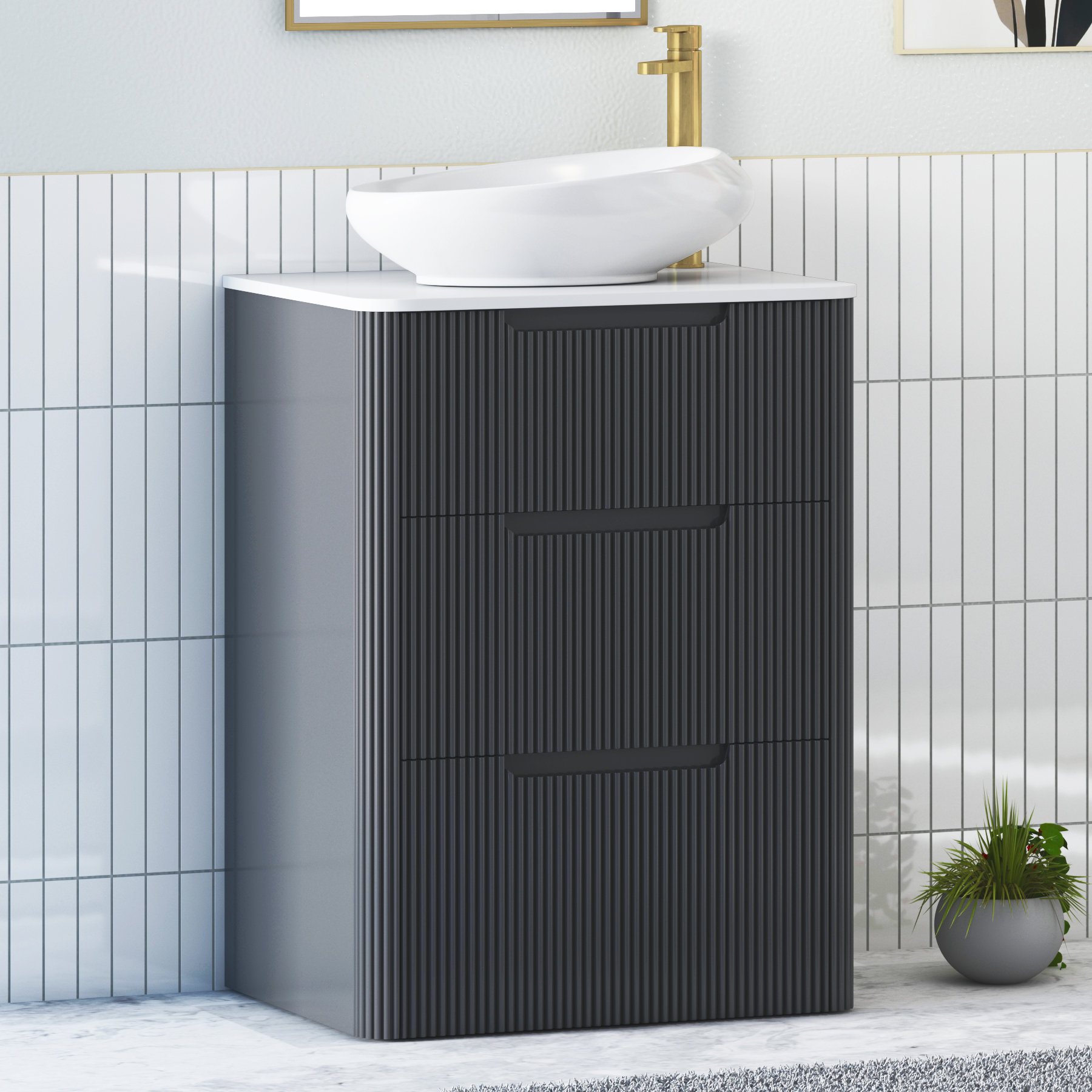 Avenza Matt Obsidian Black Floor Standing Vanity Unit 3 Drawer with Plain White Worktop & Multiple Basins