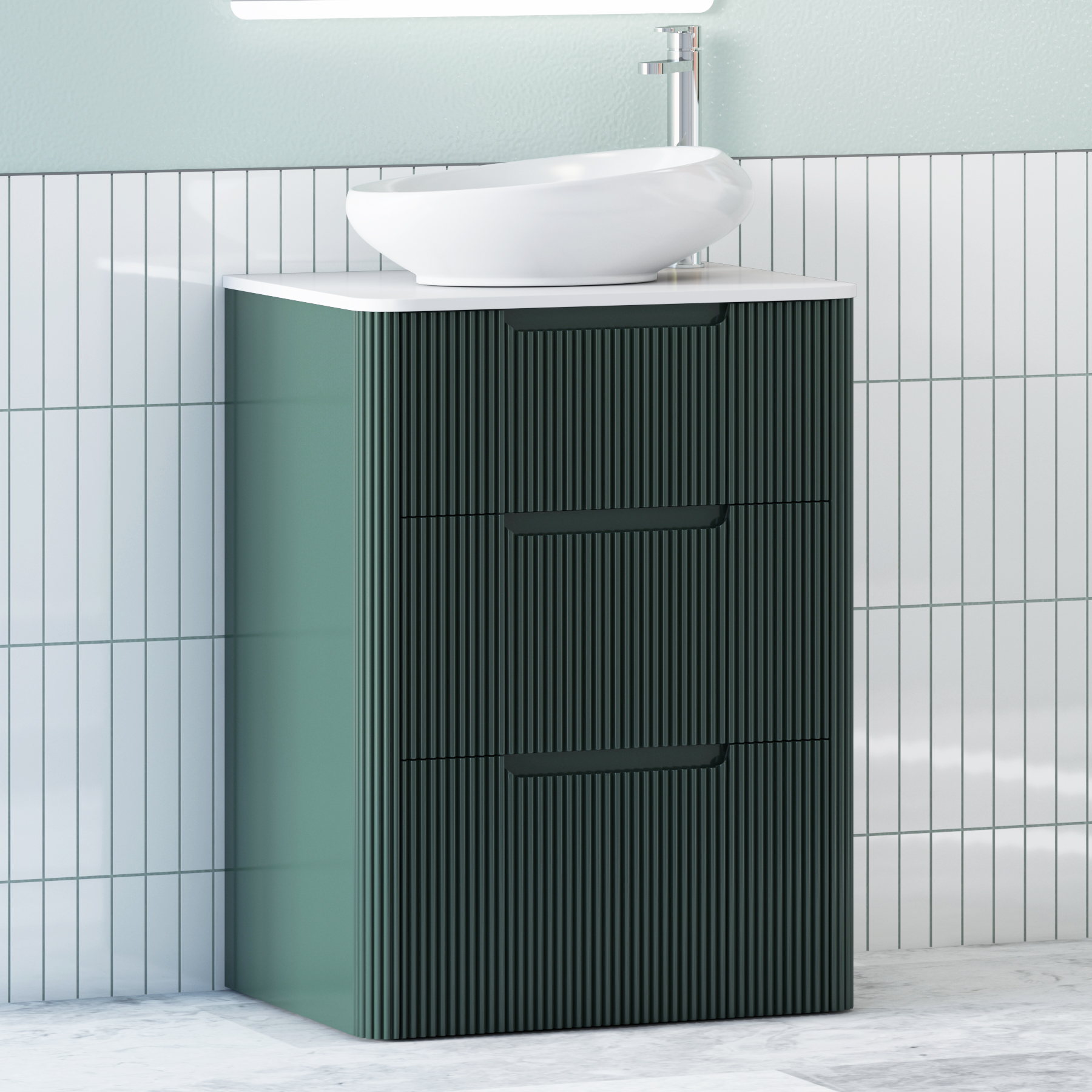Avenza Deep Moss Green Floor Standing Vanity Unit 3 Drawer with Plain White Worktop & Multiple Basins