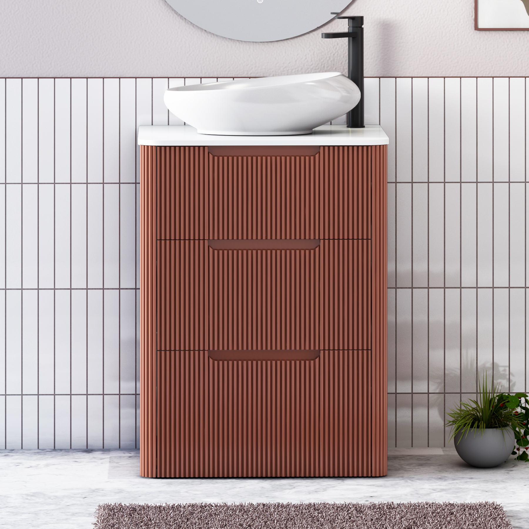 Avenza Terracotta Clay Floor Standing Vanity Unit 3 Drawer with Plain White Worktop & Multiple Basins