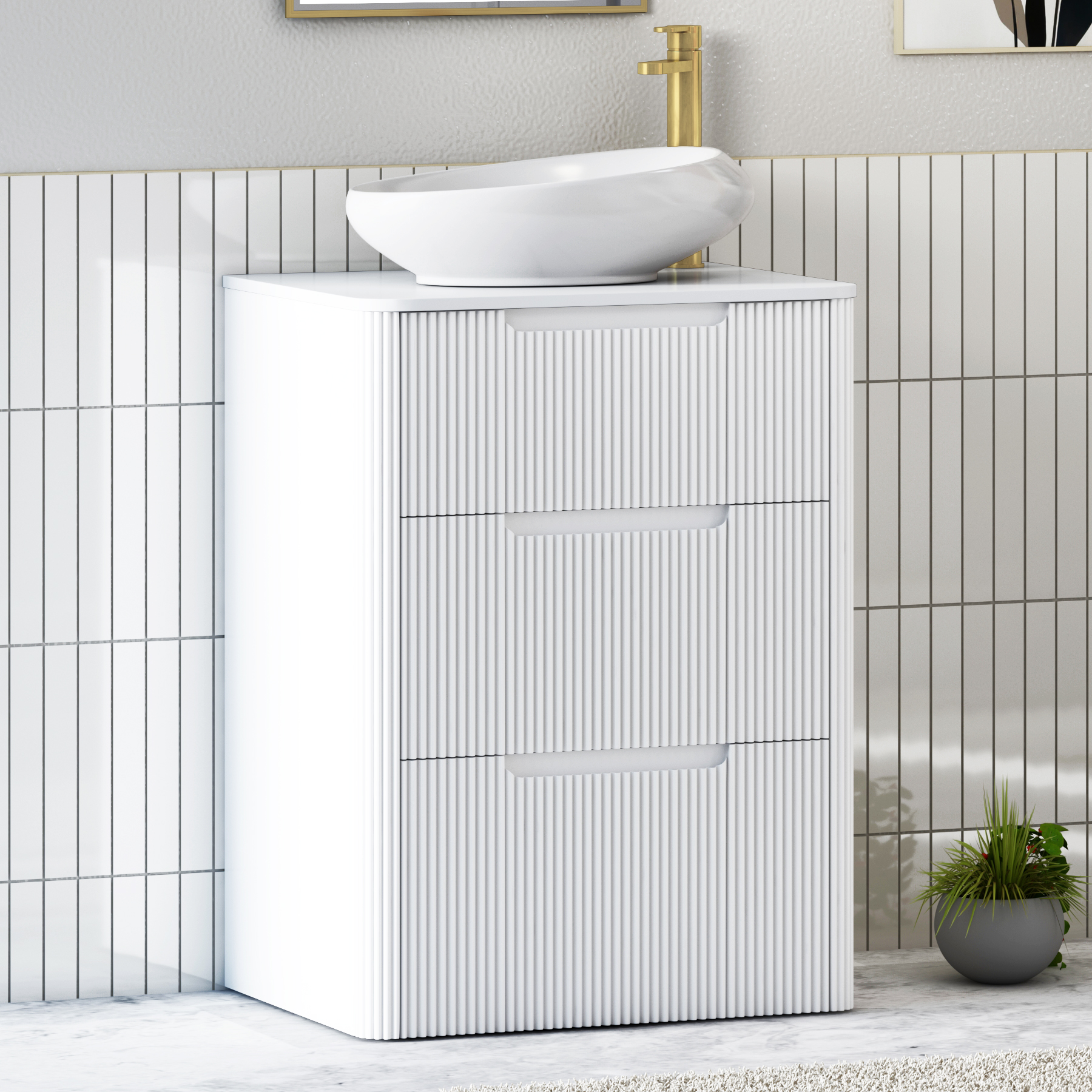 Avenza Matt White Floor Standing Vanity Unit 3 Drawer with Plain White Worktop & Multiple Basins