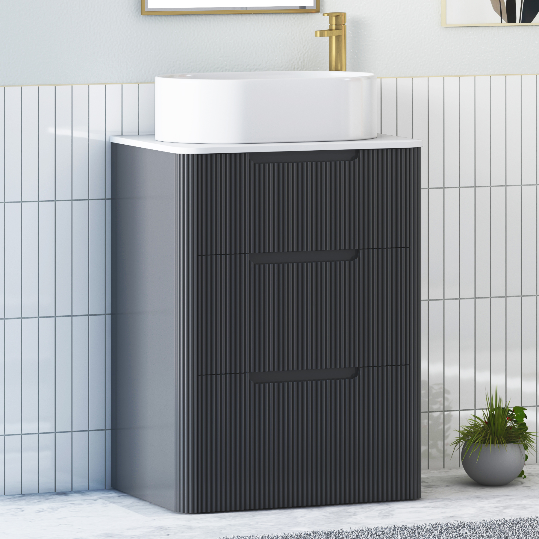 Avenza Matt Obsidian Black Floor Standing Vanity Unit 3 Drawer with Plain White Worktop & Multiple Basins