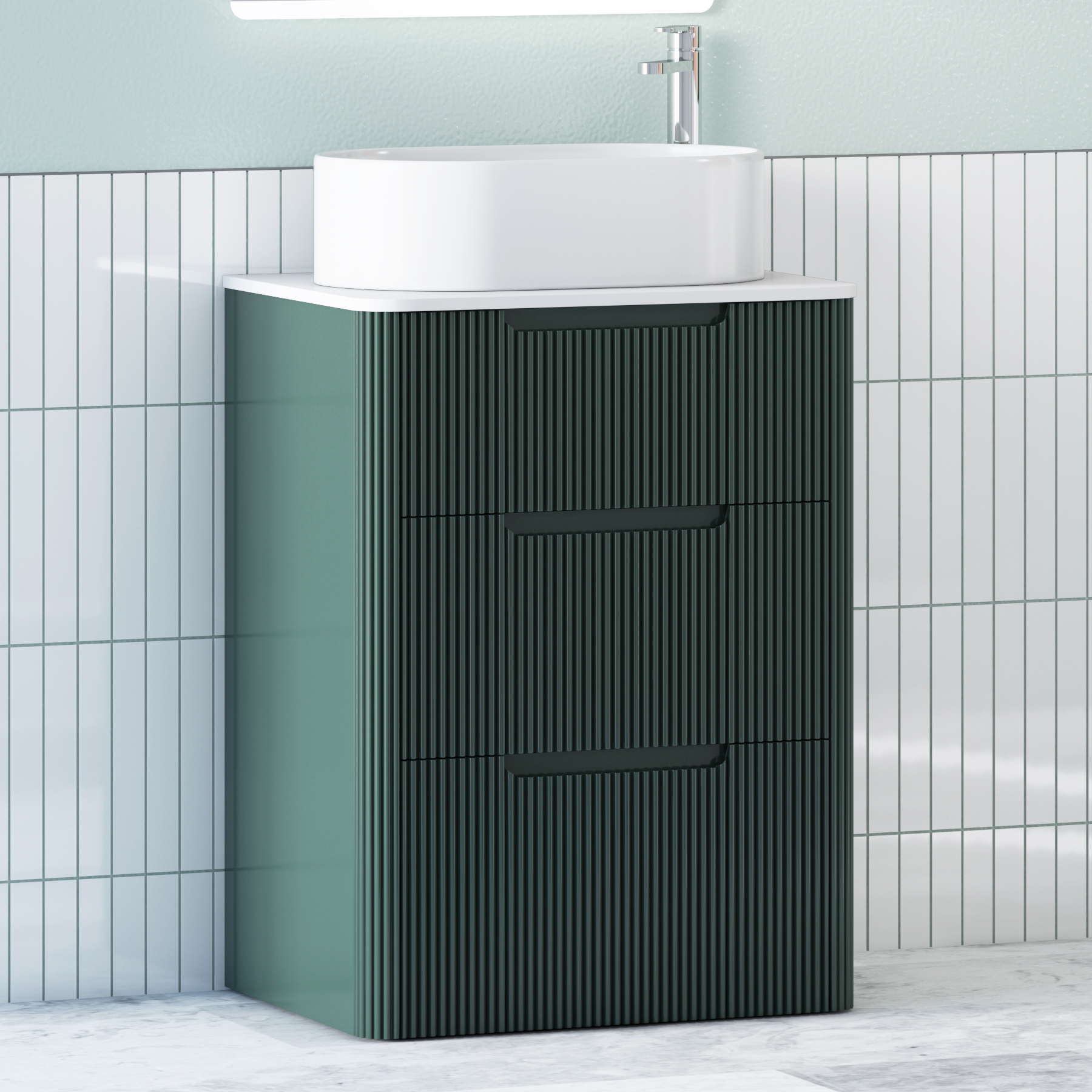 Avenza Deep Moss Green Floor Standing Vanity Unit 3 Drawer with Plain White Worktop & Multiple Basins