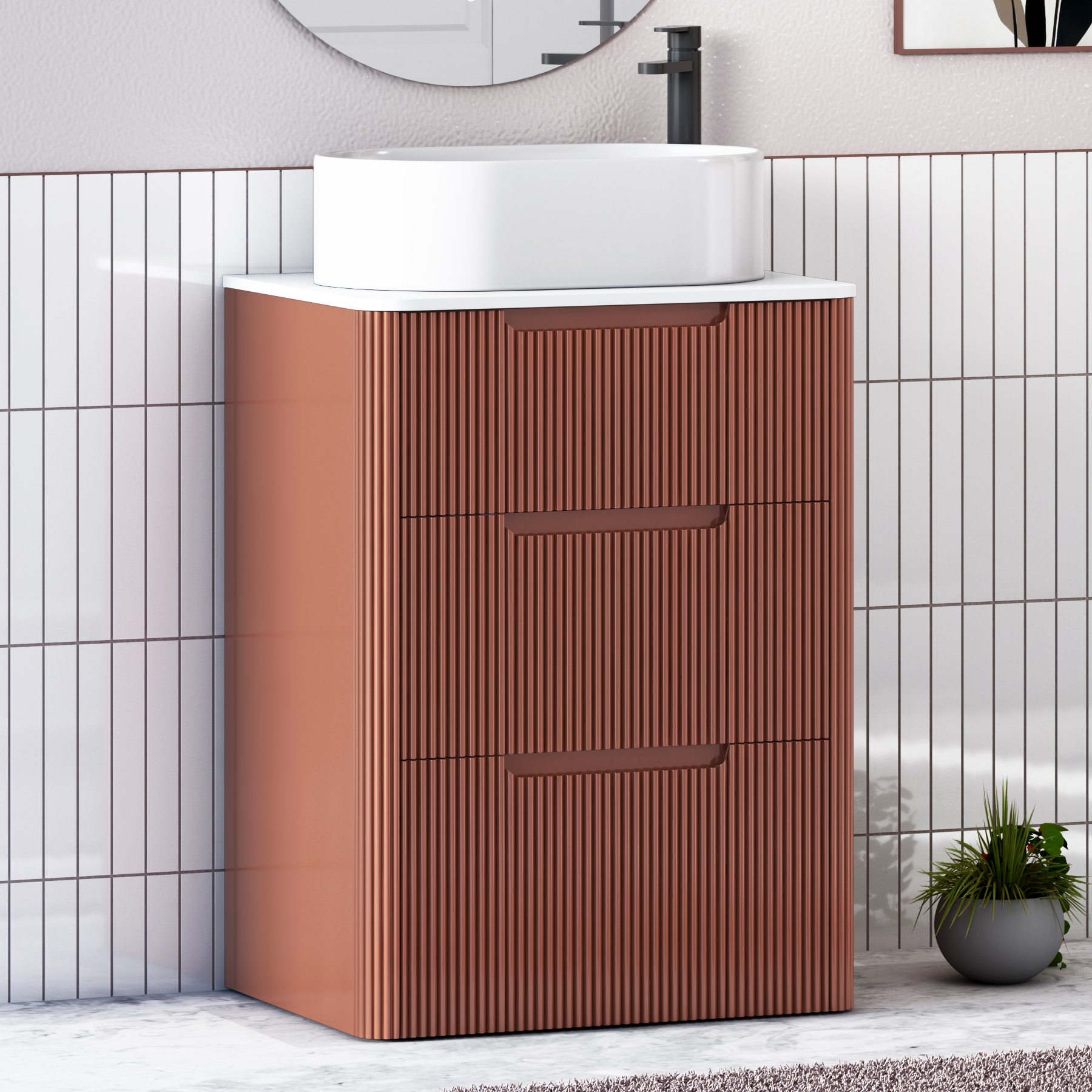 Avenza Terracotta Clay Floor Standing Vanity Unit 3 Drawer with Plain White Worktop & Multiple Basins