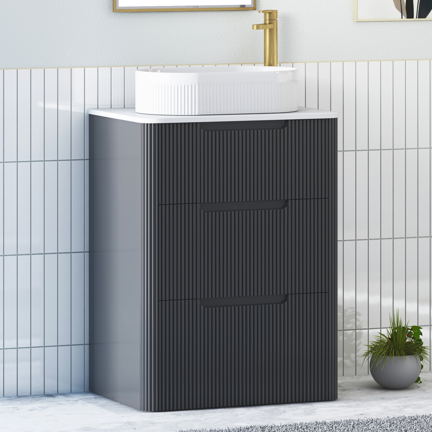 Avenza Matt Obsidian Black Floor Standing Vanity Unit 3 Drawer with Plain White Worktop & Multiple Basins