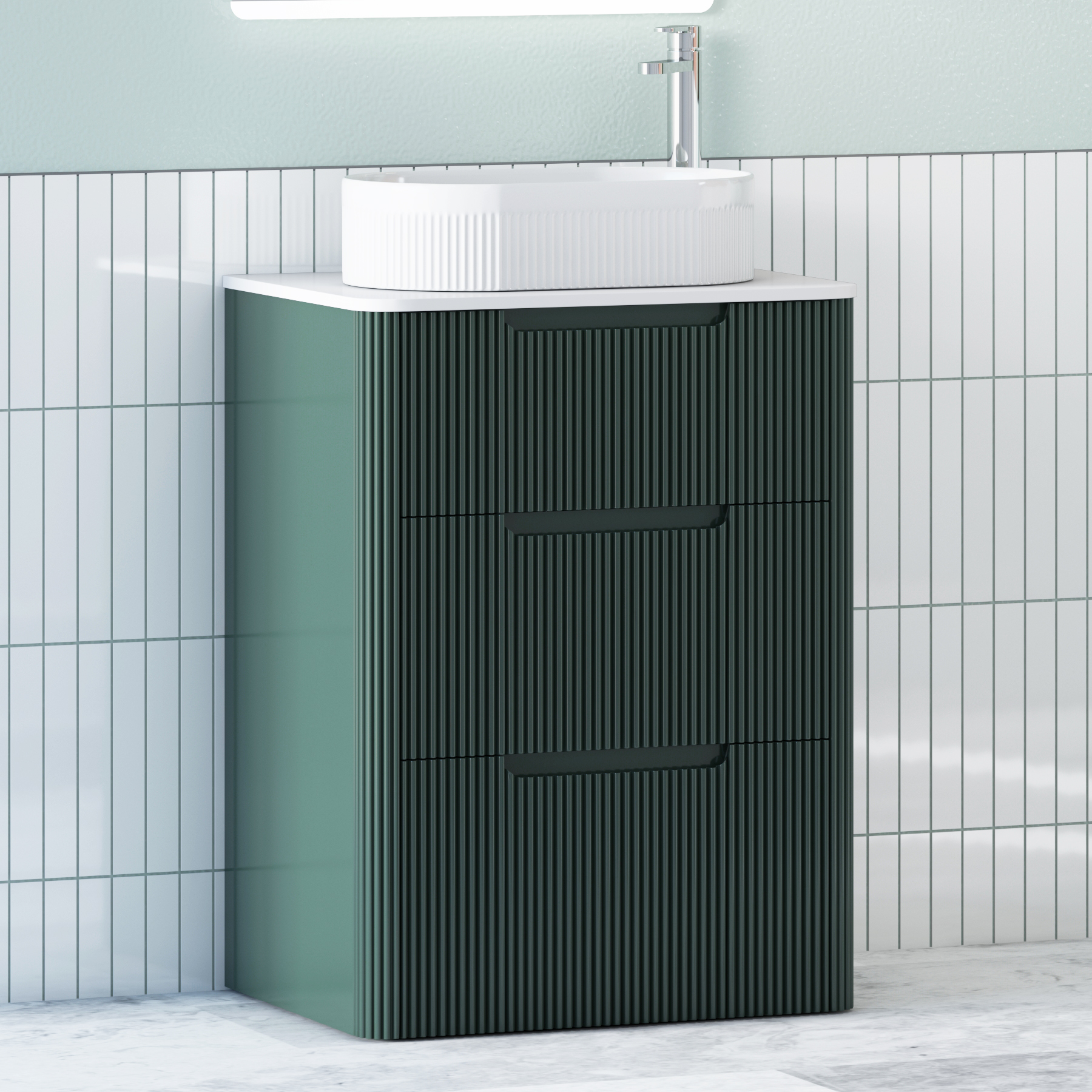 Avenza Deep Moss Green Floor Standing Vanity Unit 3 Drawer with Plain White Worktop & Multiple Basins