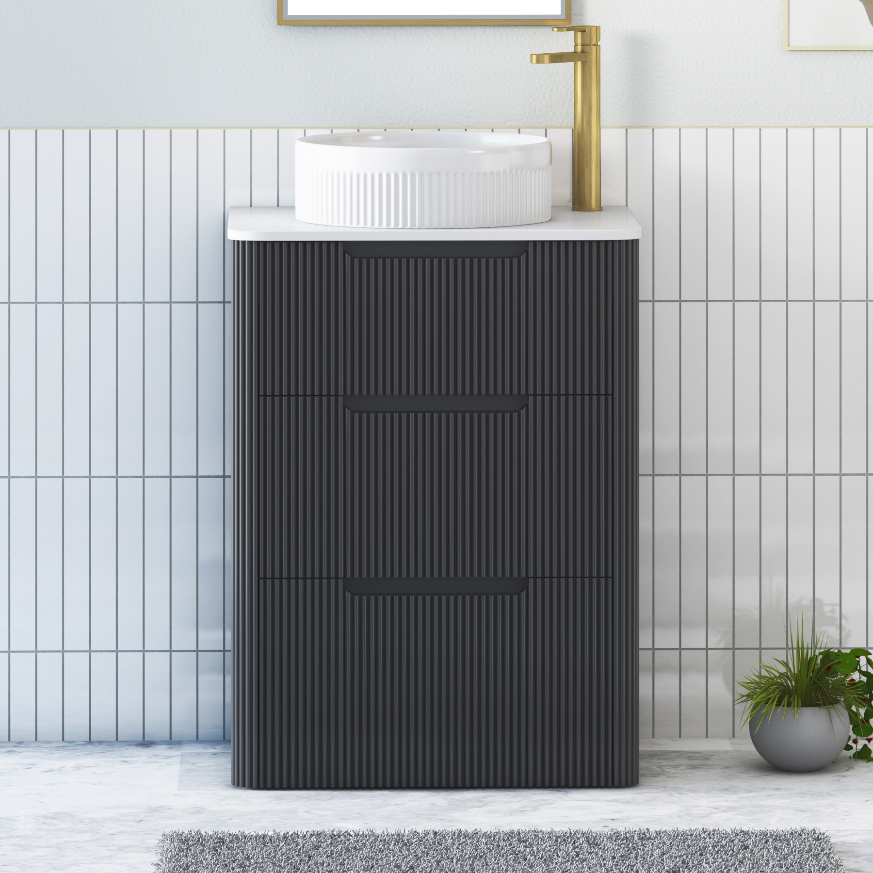 Avenza Matt Obsidian Black Floor Standing Vanity Unit 3 Drawer with Plain White Worktop & Multiple Basins
