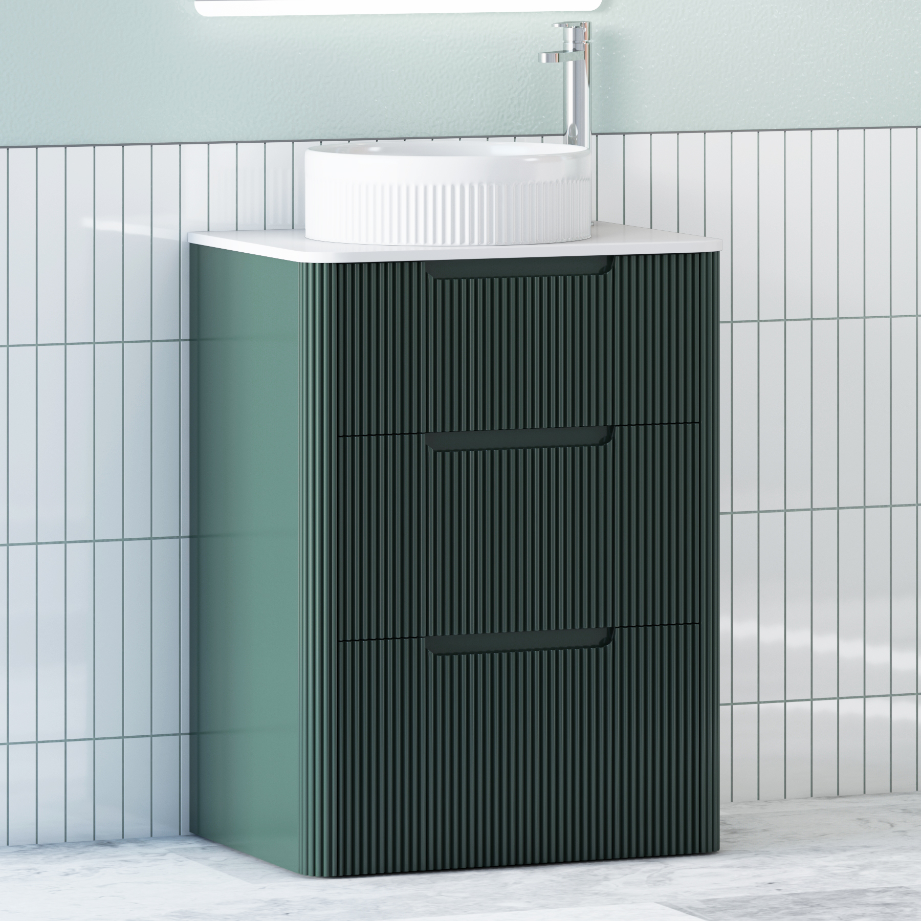 Avenza Deep Moss Green Floor Standing Vanity Unit 3 Drawer with Plain White Worktop & Multiple Basins