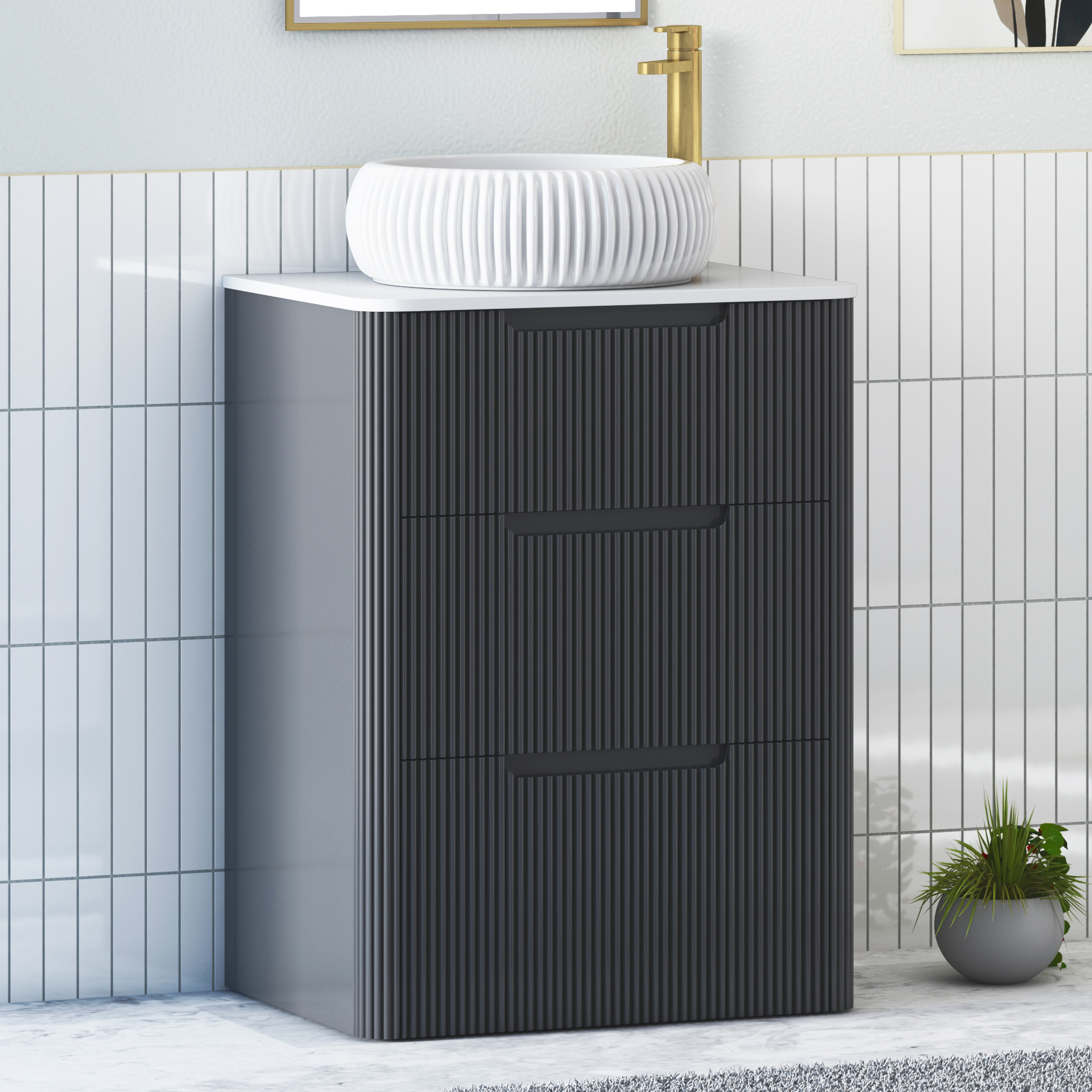 Avenza Matt Obsidian Black Floor Standing Vanity Unit 3 Drawer with Plain White Worktop & Multiple Basins