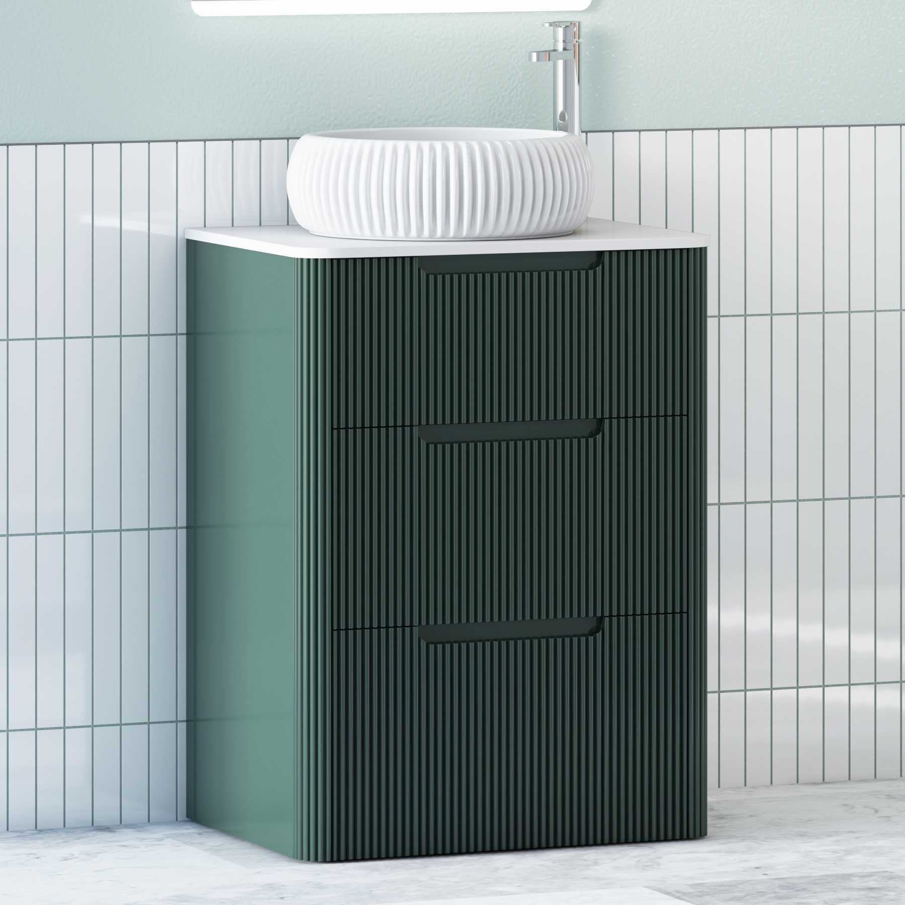 Avenza Deep Moss Green Floor Standing Vanity Unit 3 Drawer with Plain White Worktop & Multiple Basins