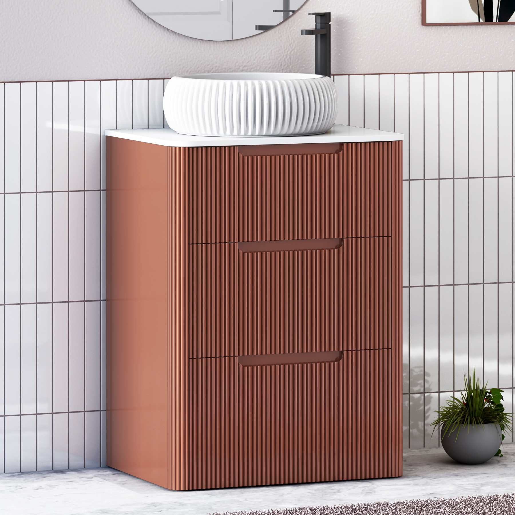 Avenza Terracotta Clay Floor Standing Vanity Unit 3 Drawer with Plain White Worktop & Multiple Basins