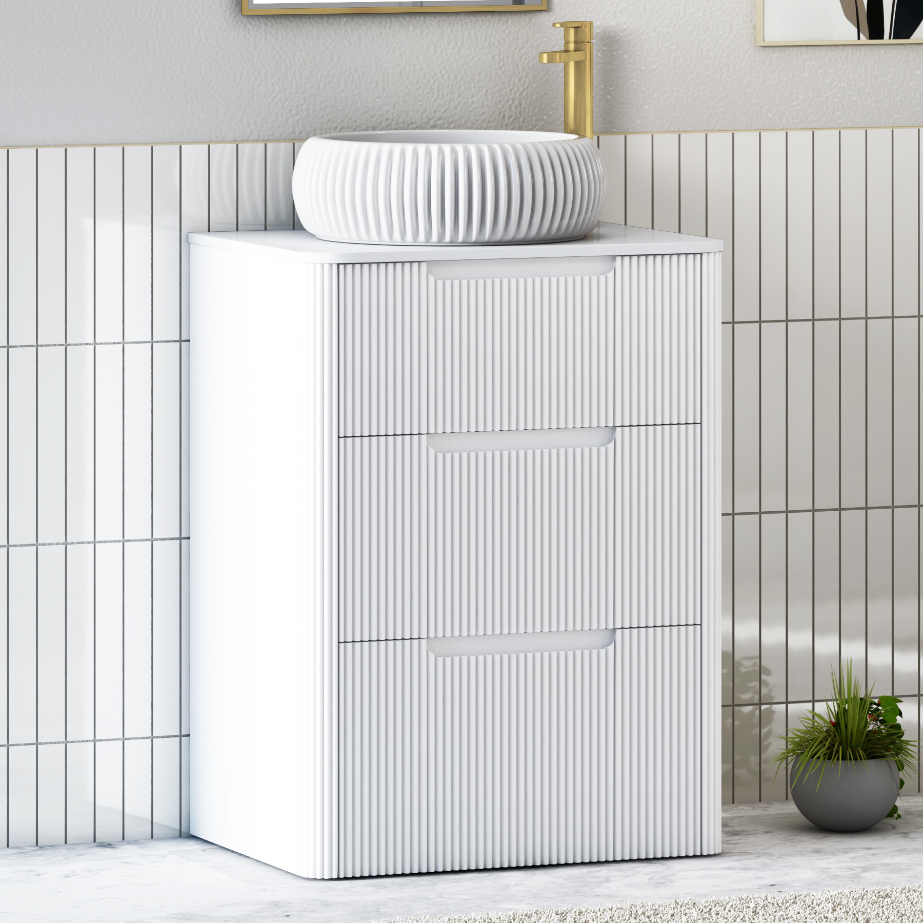 Avenza Matt White Floor Standing Vanity Unit 3 Drawer with Plain White Worktop & Multiple Basins