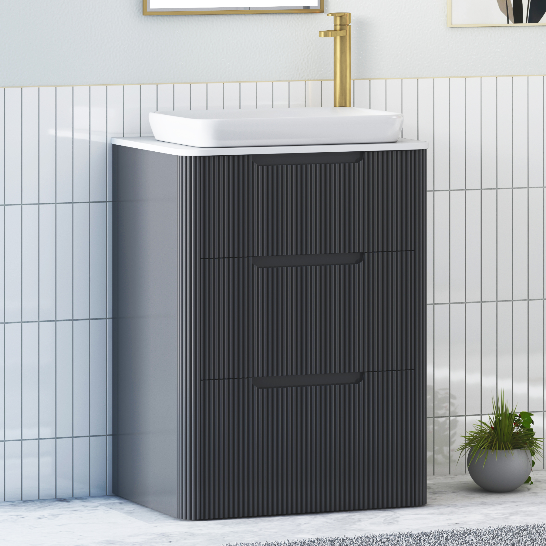 Avenza Matt Obsidian Black Floor Standing Vanity Unit 3 Drawer with Plain White Worktop & Multiple Basins