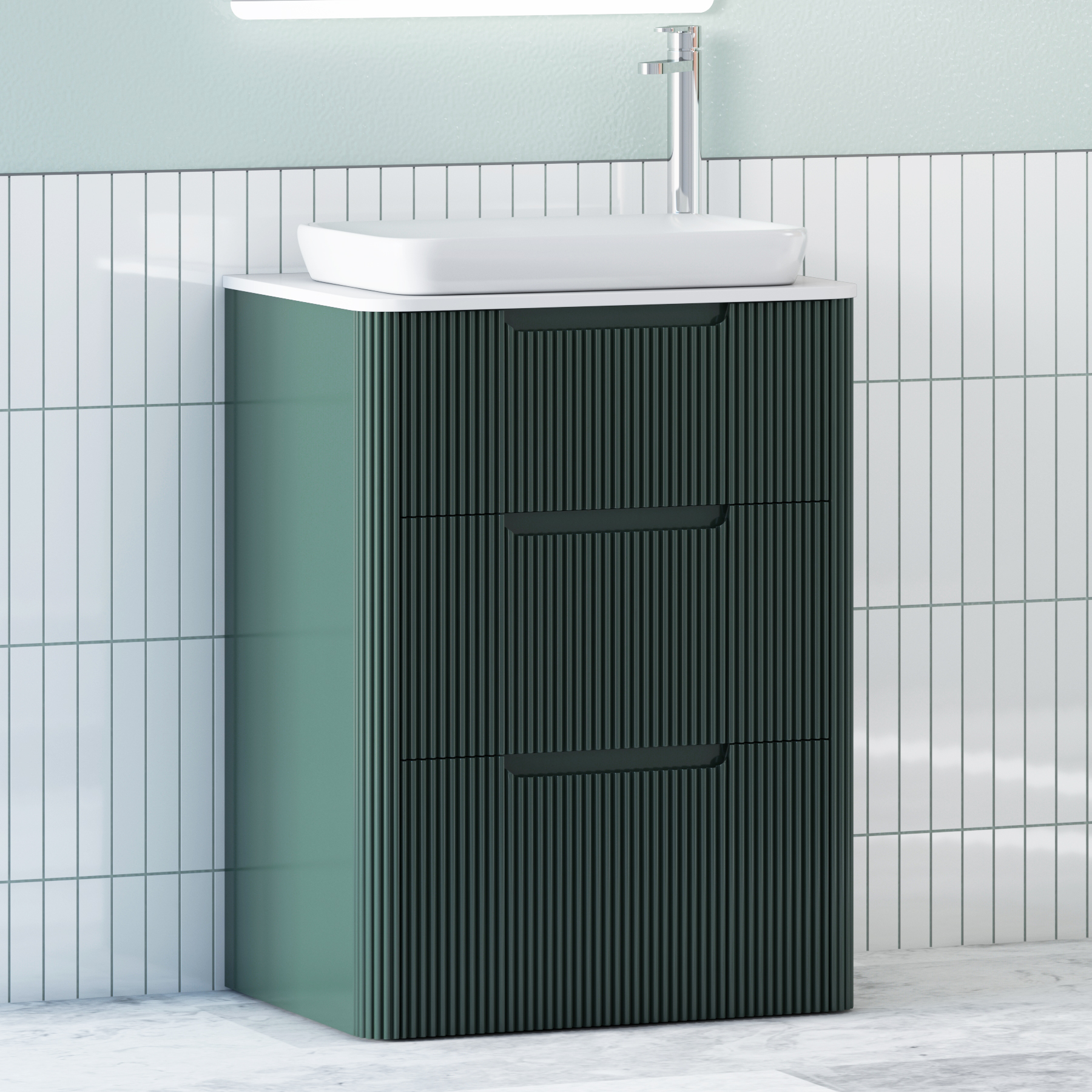 Avenza Deep Moss Green Floor Standing Vanity Unit 3 Drawer with Plain White Worktop & Multiple Basins