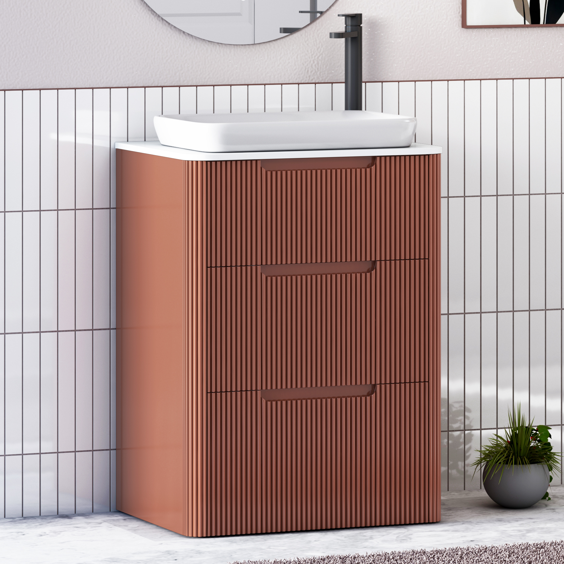 Avenza Terracotta Clay Floor Standing Vanity Unit 3 Drawer with Plain White Worktop & Multiple Basins