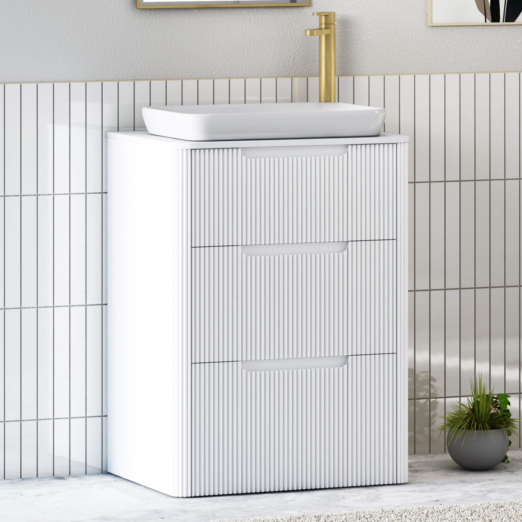Avenza Matt White Floor Standing Vanity Unit 3 Drawer with Plain White Worktop & Multiple Basins