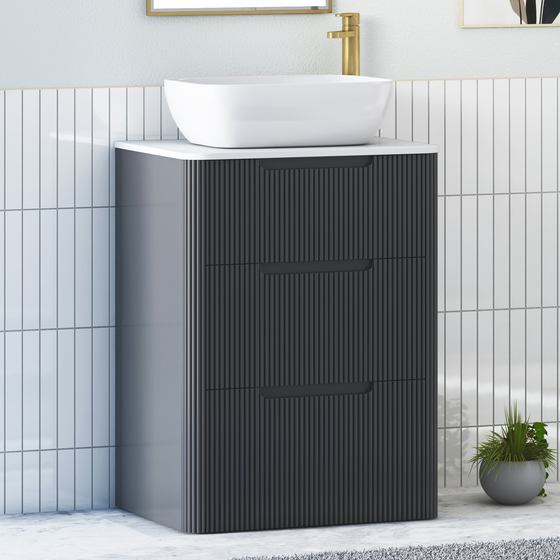 Avenza Matt Obsidian Black Floor Standing Vanity Unit 3 Drawer with Plain White Worktop & Multiple Basins