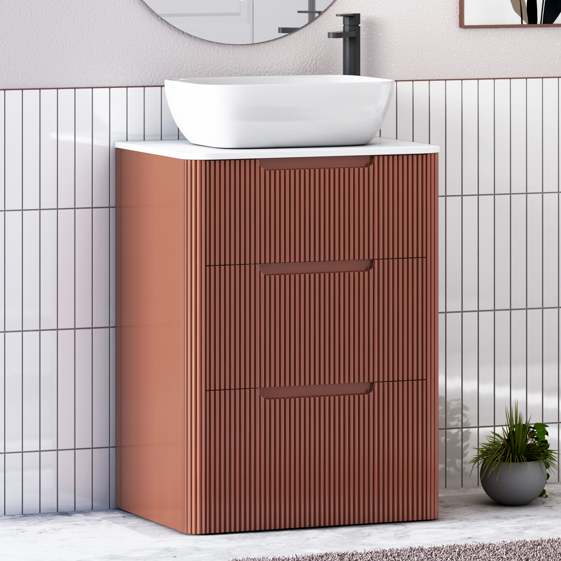 Avenza Terracotta Clay Floor Standing Vanity Unit 3 Drawer with Plain White Worktop & Multiple Basins