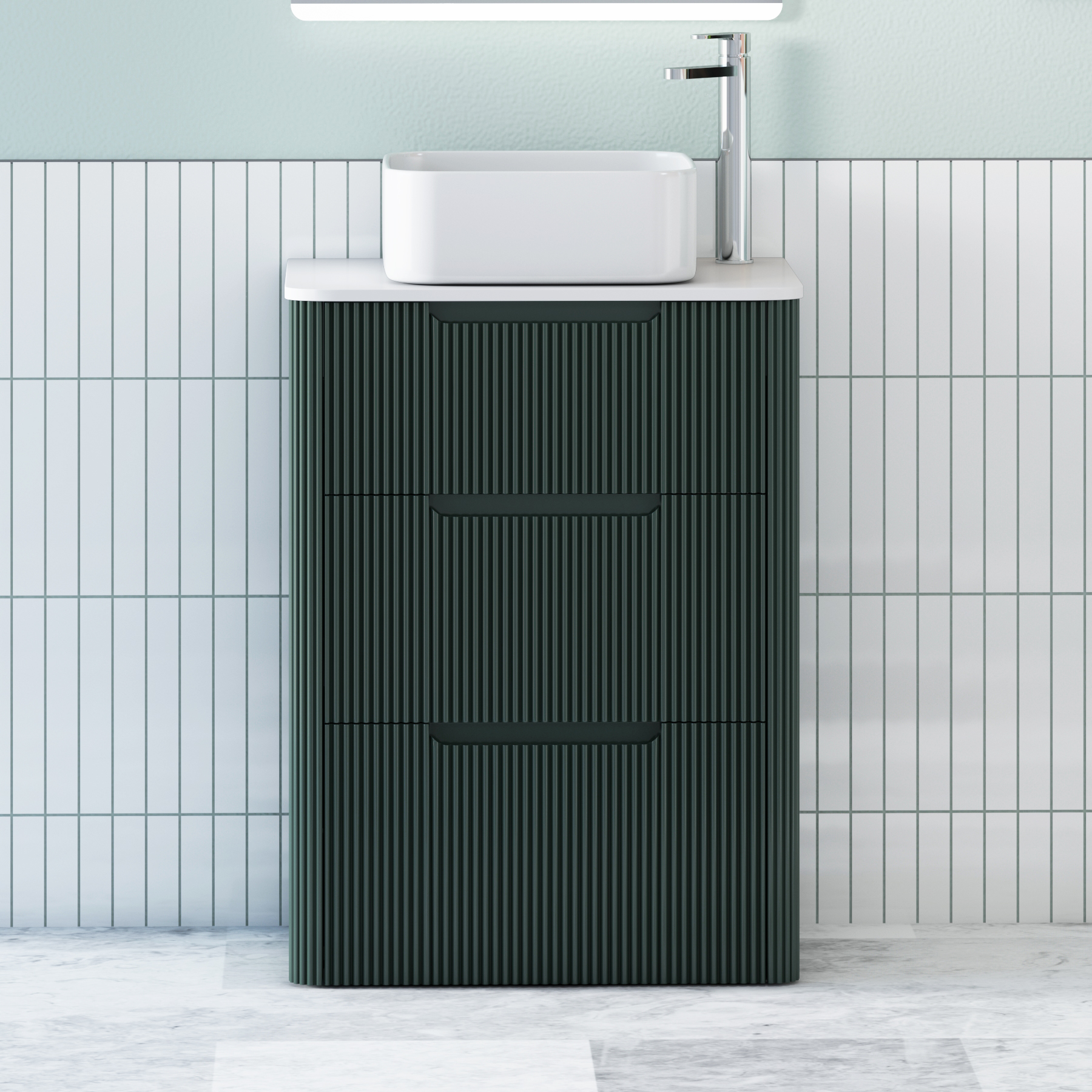 Avenza Deep Moss Green Floor Standing Vanity Unit 3 Drawer with Plain White Worktop & Multiple Basins