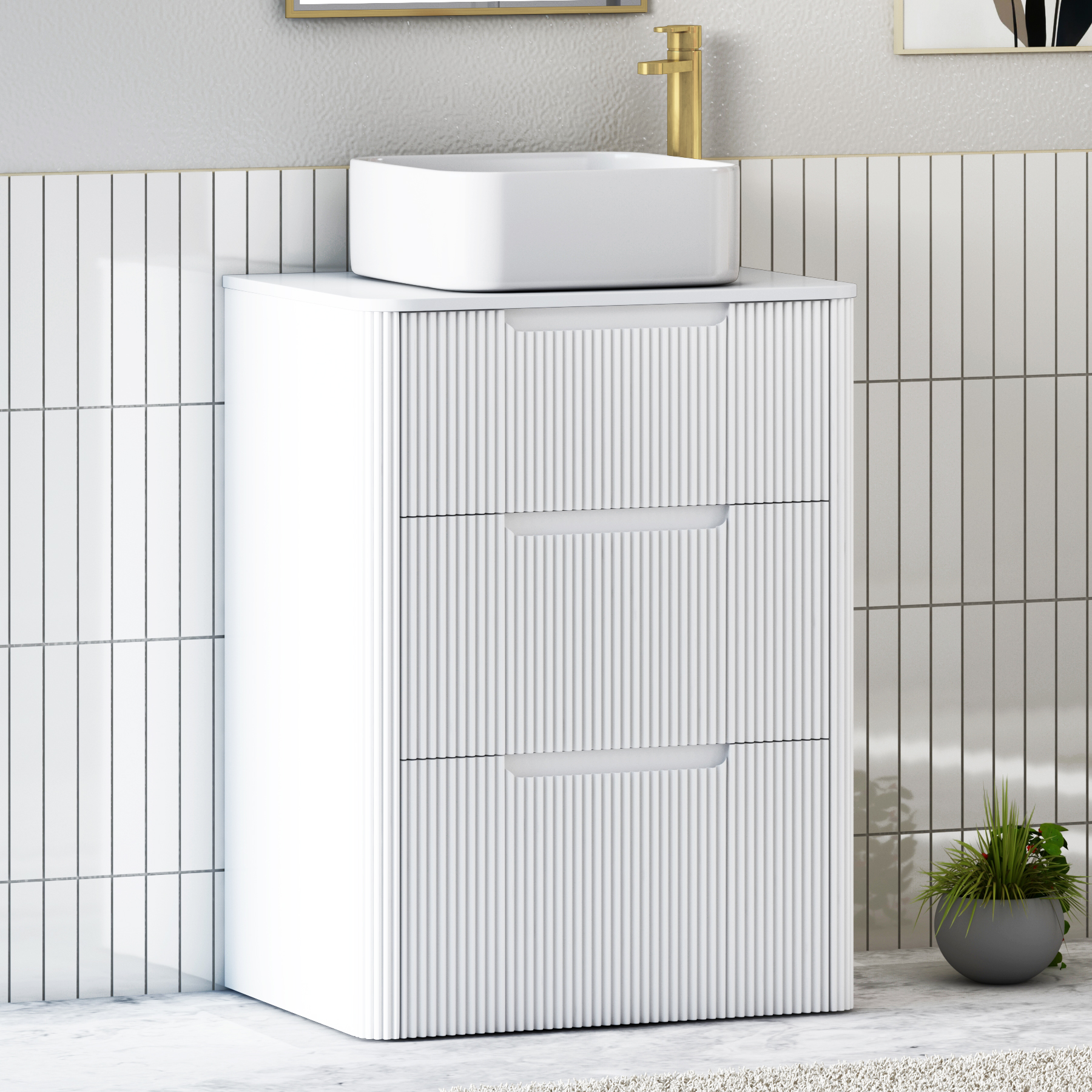 Avenza Matt White Floor Standing Vanity Unit 3 Drawer with Plain White Worktop & Multiple Basins