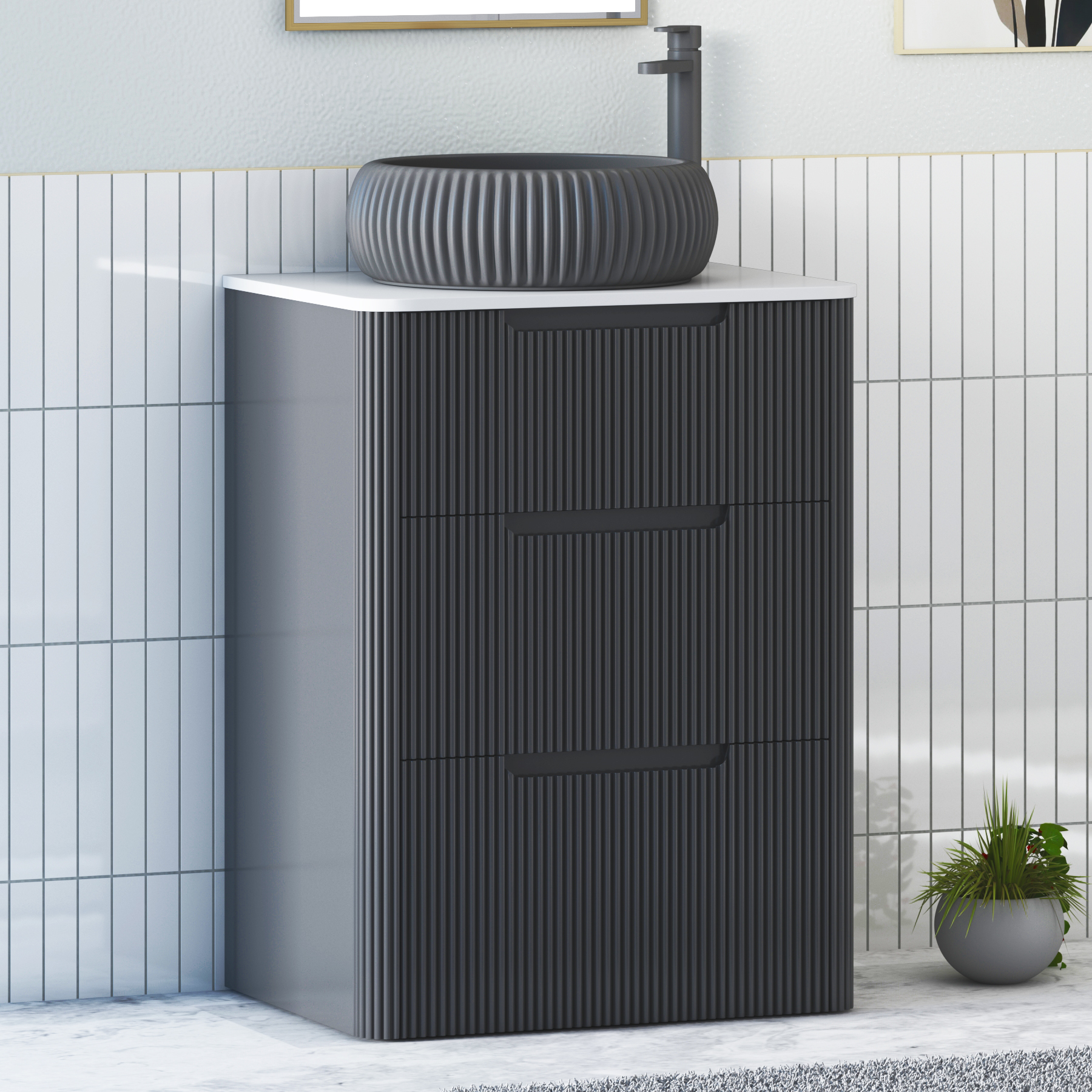 Avenza Matt Obsidian Black Floor Standing Vanity Unit 3 Drawer with Plain White Worktop & Multiple Basins