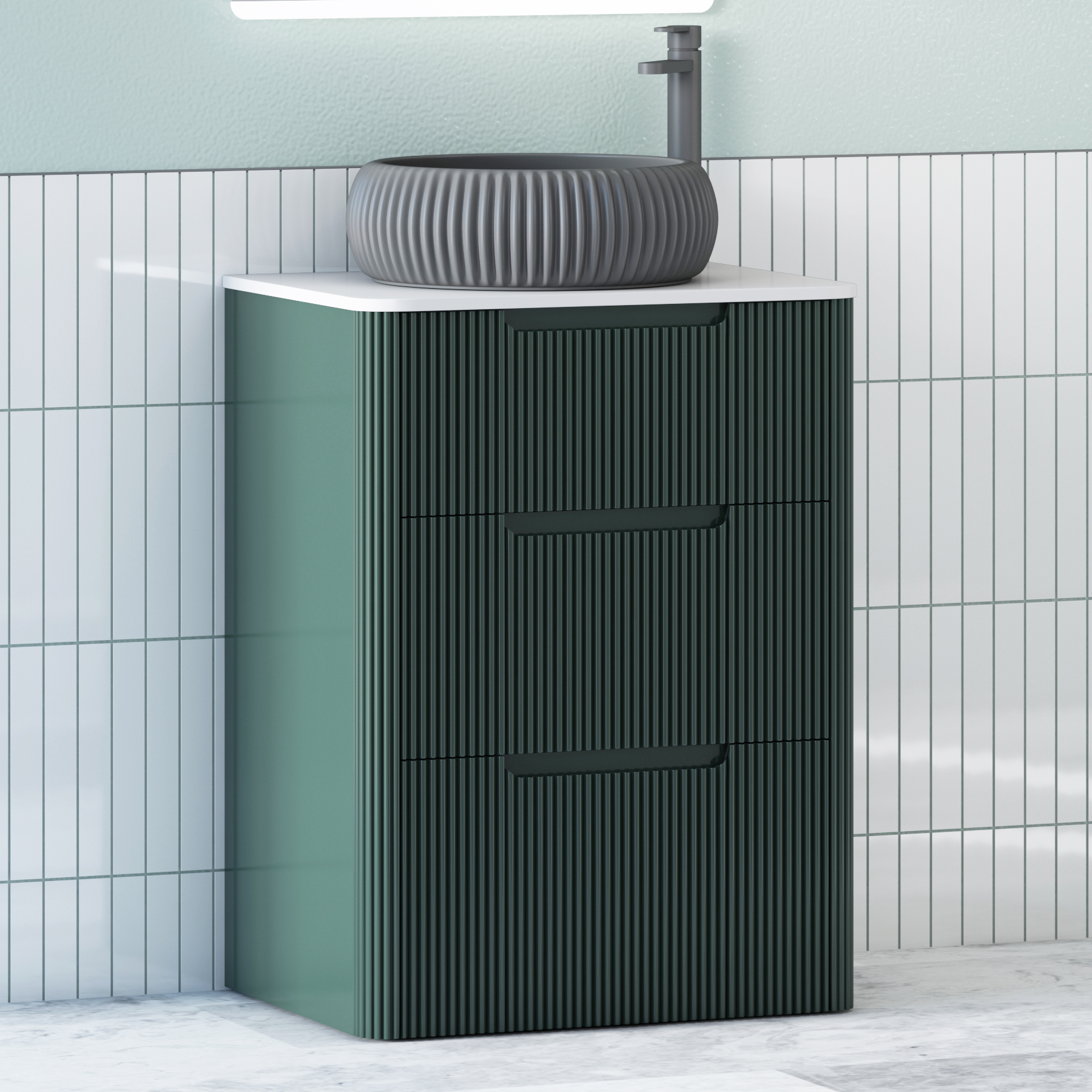 Avenza Deep Moss Green Floor Standing Vanity Unit 3 Drawer with Plain White Worktop & Multiple Basins