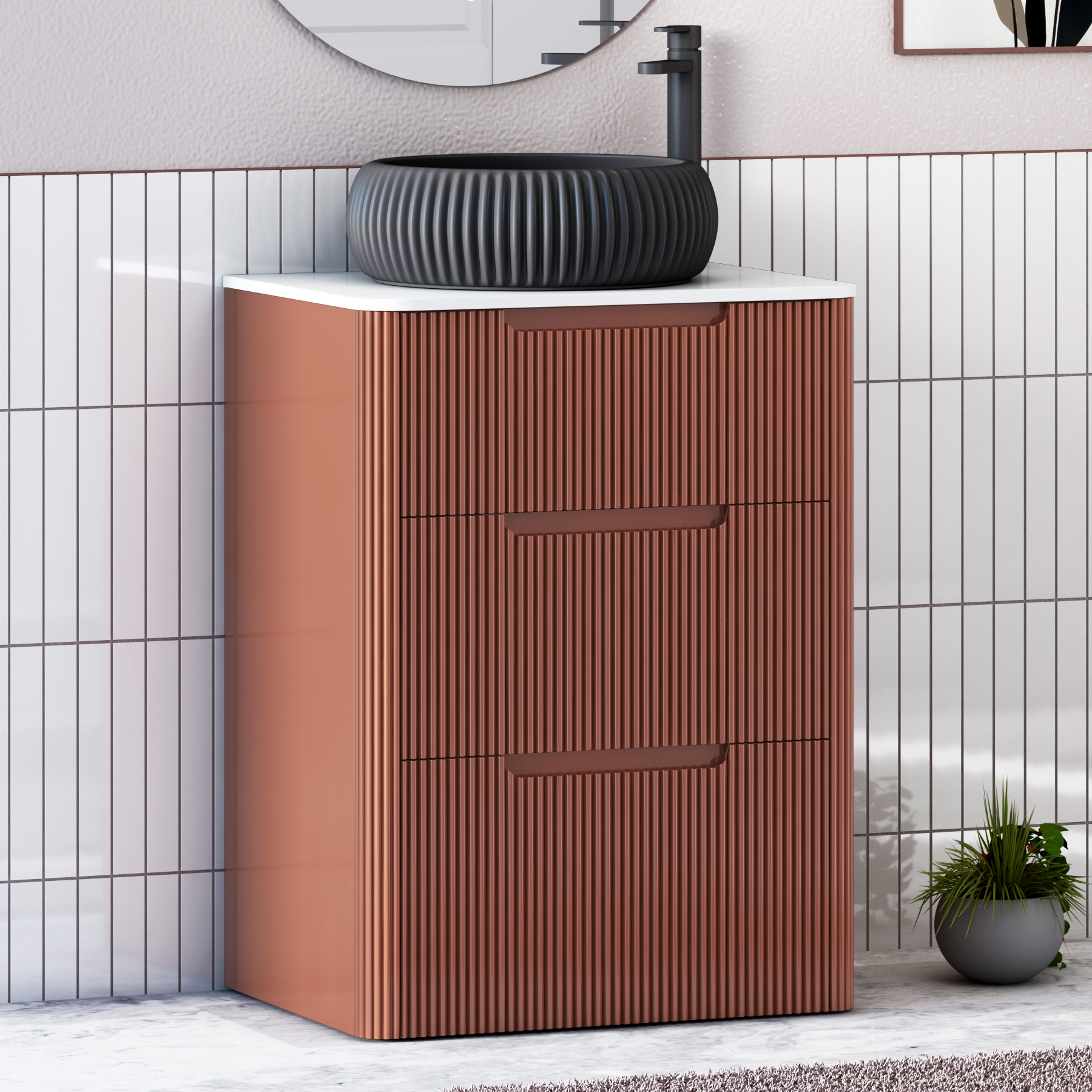 Avenza Terracotta Clay Floor Standing Vanity Unit 3 Drawer with Plain White Worktop & Multiple Basins