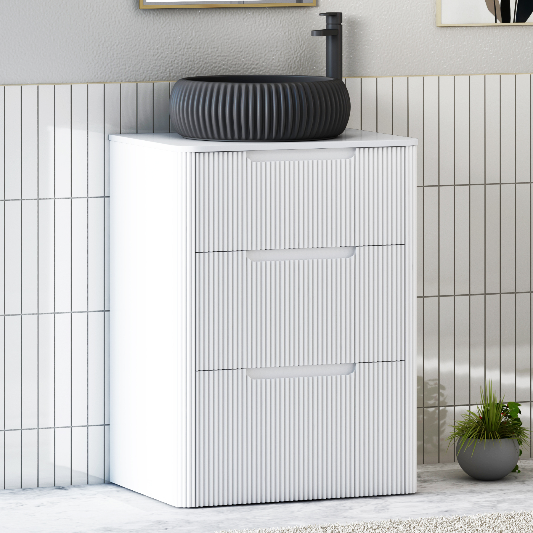 Avenza Matt White Floor Standing Vanity Unit 3 Drawer with Plain White Worktop & Multiple Basins