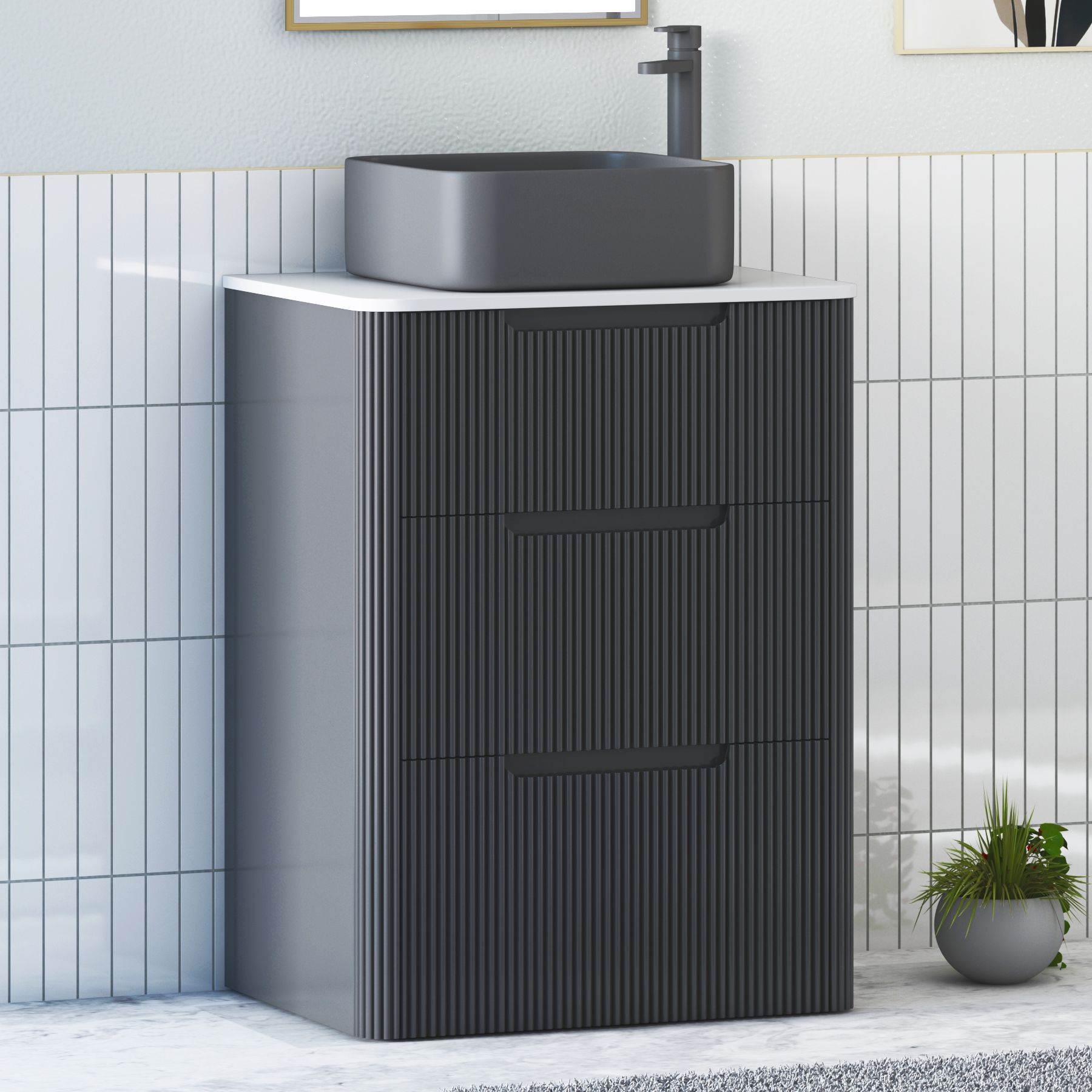 Avenza Matt Obsidian Black Floor Standing Vanity Unit 3 Drawer with Plain White Worktop & Multiple Basins