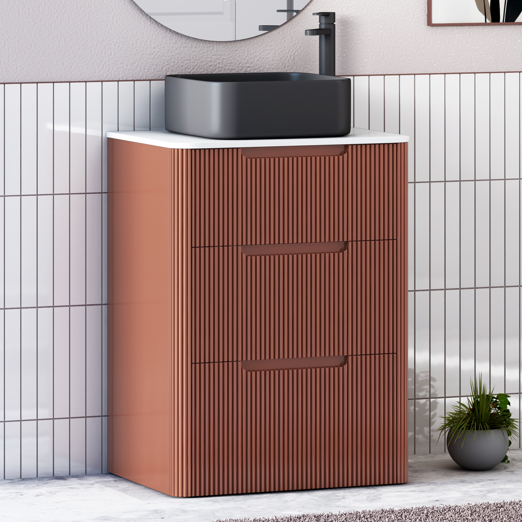 Avenza Terracotta Clay Floor Standing Vanity Unit 3 Drawer with Plain White Worktop & Multiple Basins