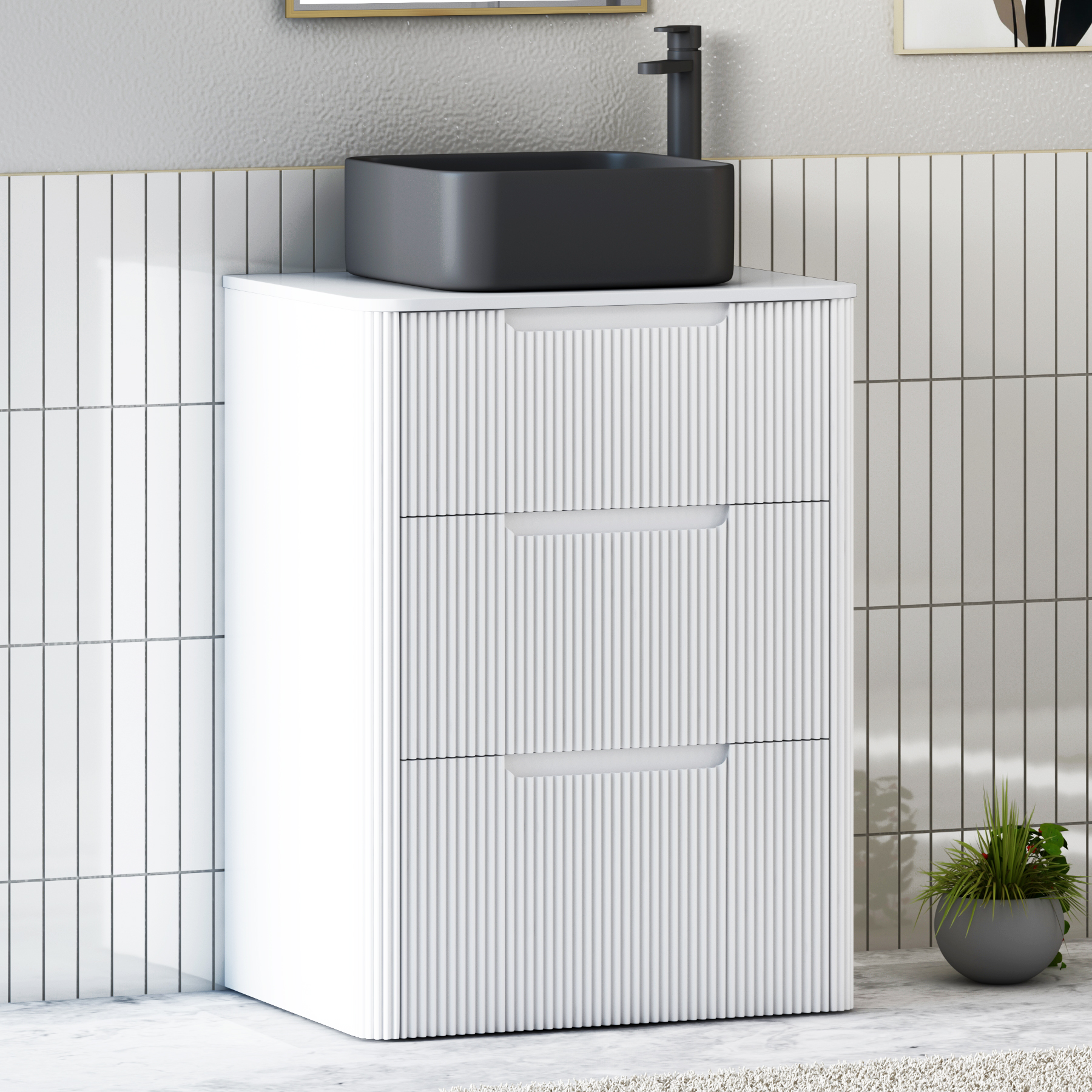 Avenza Matt White Floor Standing Vanity Unit 3 Drawer with Plain White Worktop & Multiple Basins