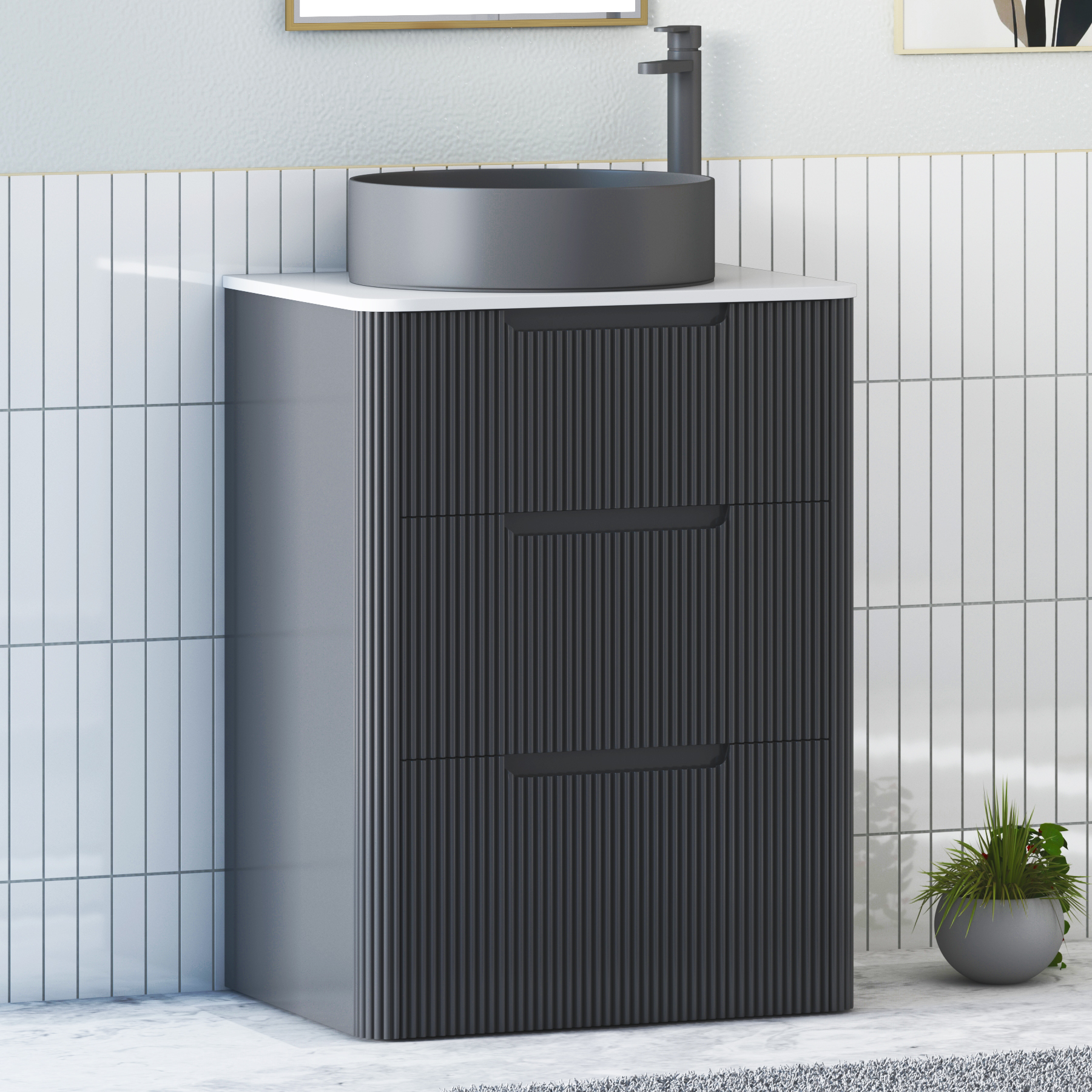 Avenza Matt Obsidian Black Floor Standing Vanity Unit 3 Drawer with Plain White Worktop & Multiple Basins